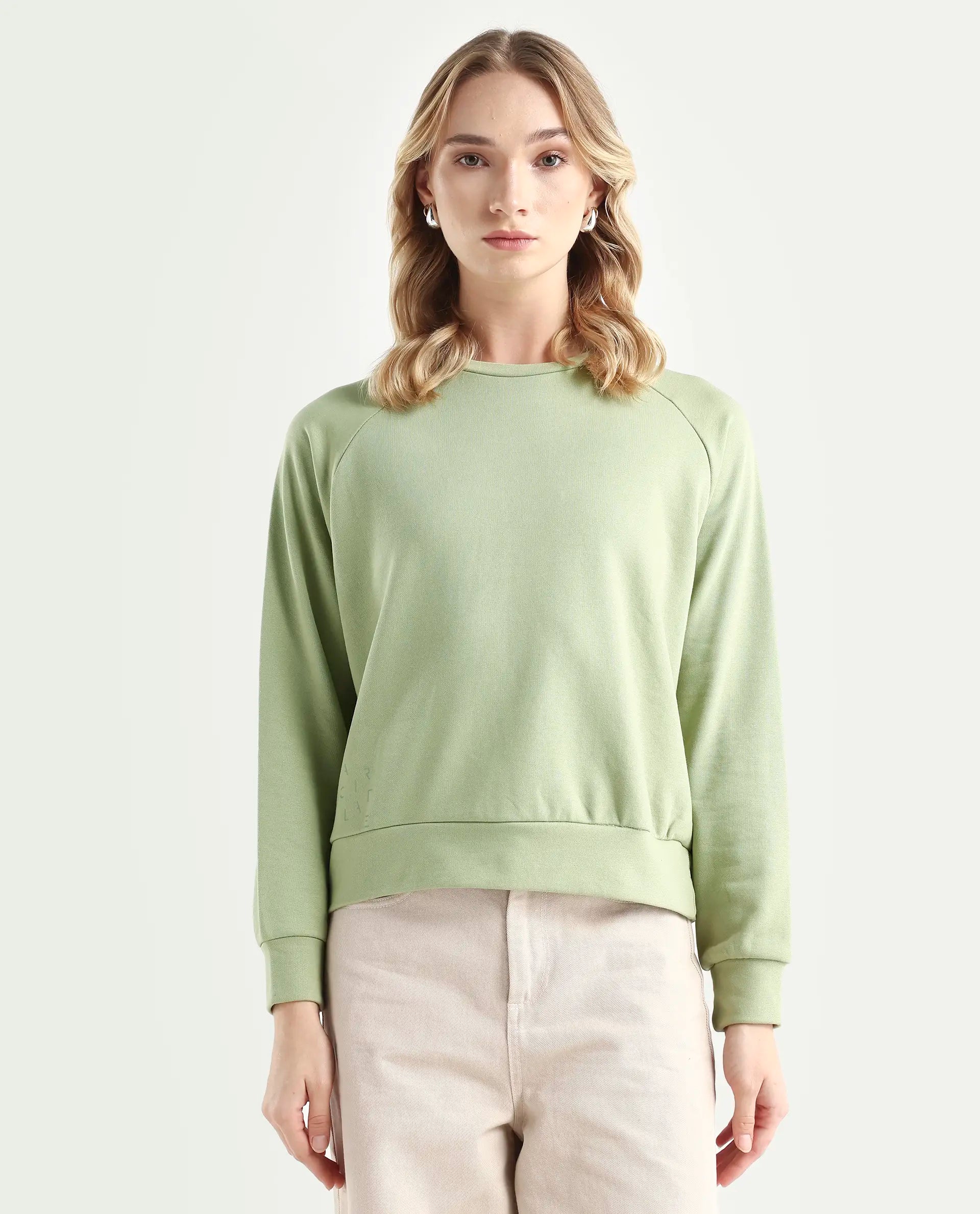 Rareism Women's Medium Weight Terry 290 Gsm Cotton Blend Crew Neck Plain Cuffed Sleeve Relaxed Fit Sweatshirt