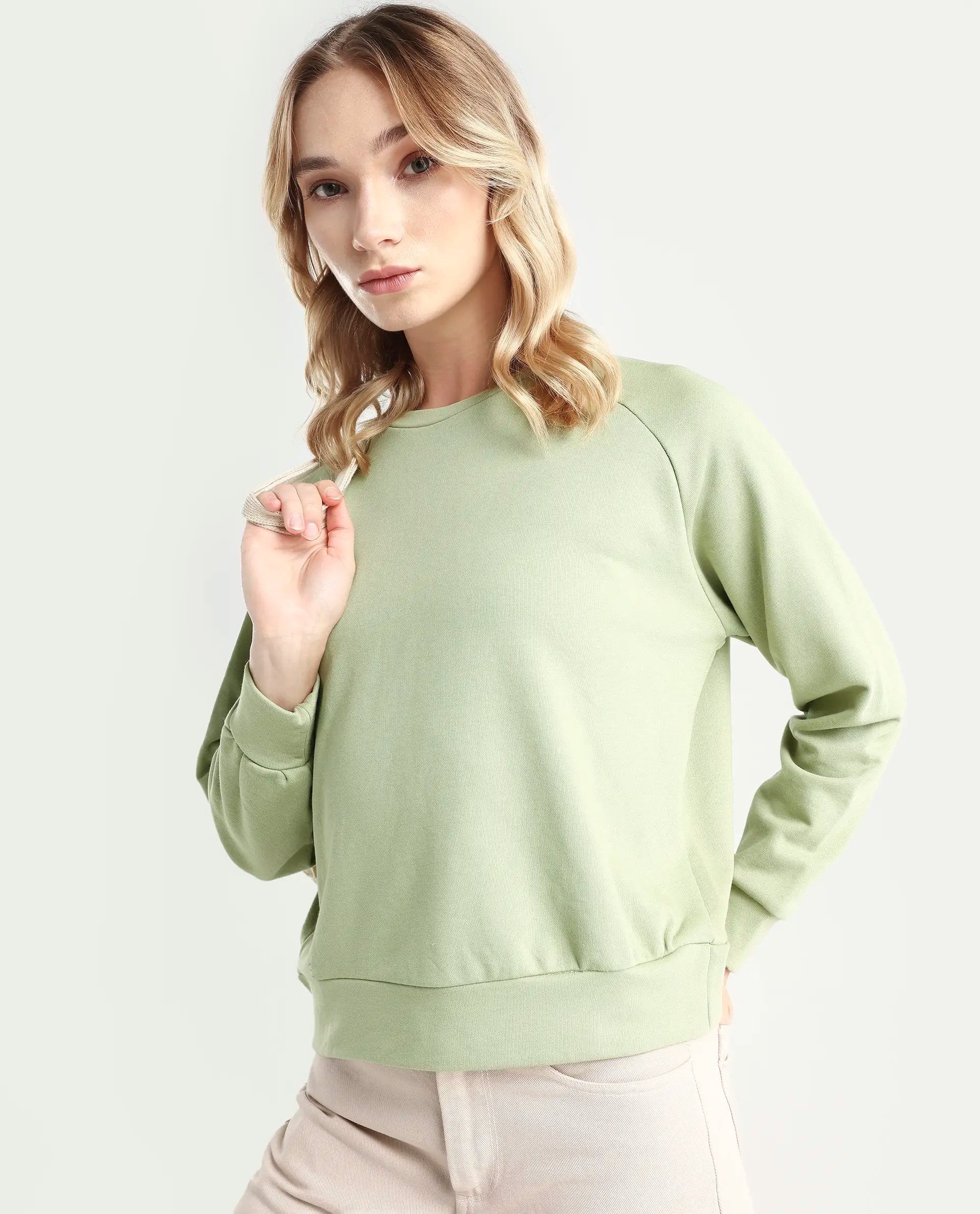 Rareism Women's Medium Weight Terry 290 Gsm Cotton Blend Crew Neck Plain Cuffed Sleeve Relaxed Fit Sweatshirt