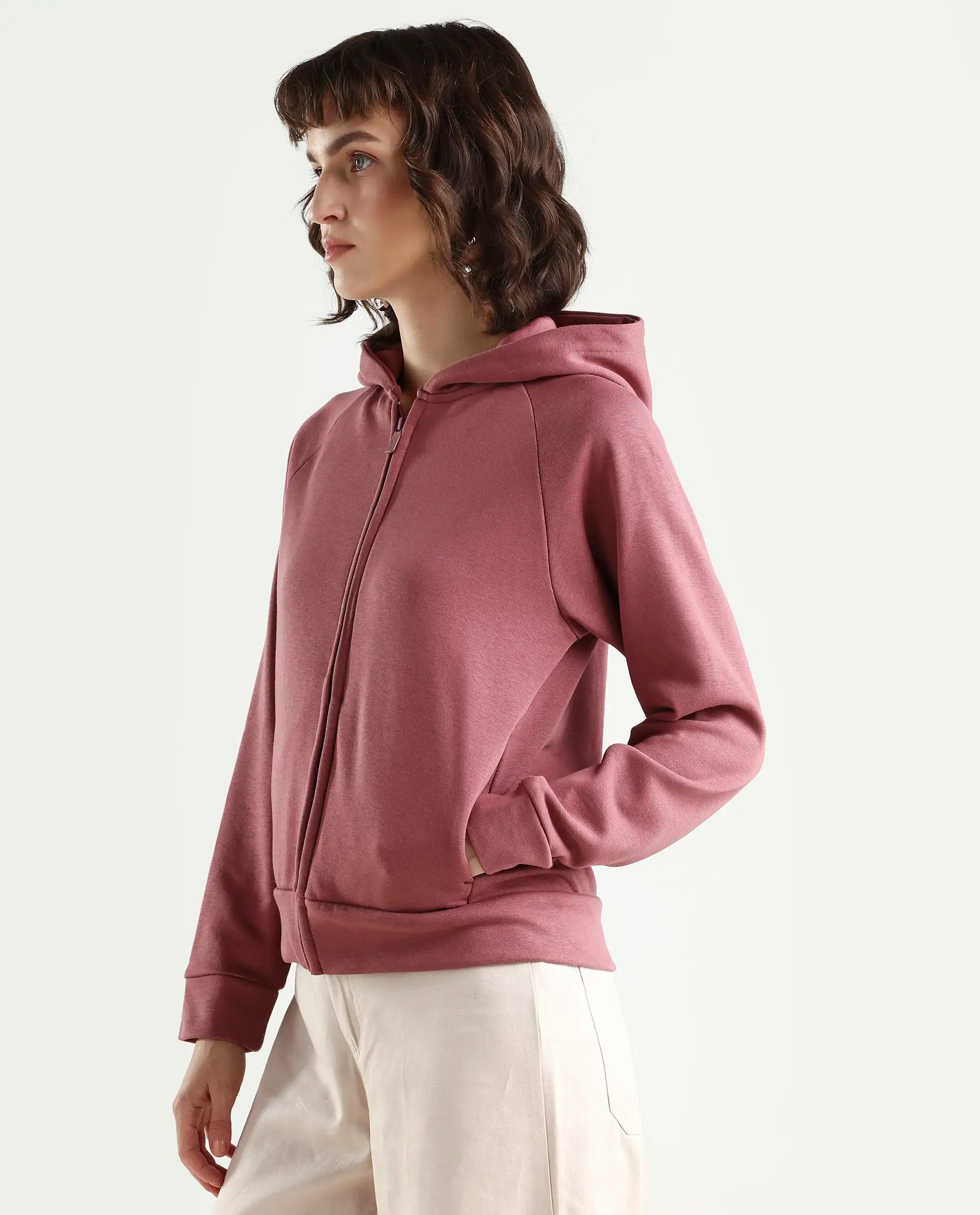 Rareism Women's Medium Weight Terry 290 Gsm Cotton Blend Hooded Plain Regular Fit Jacket
