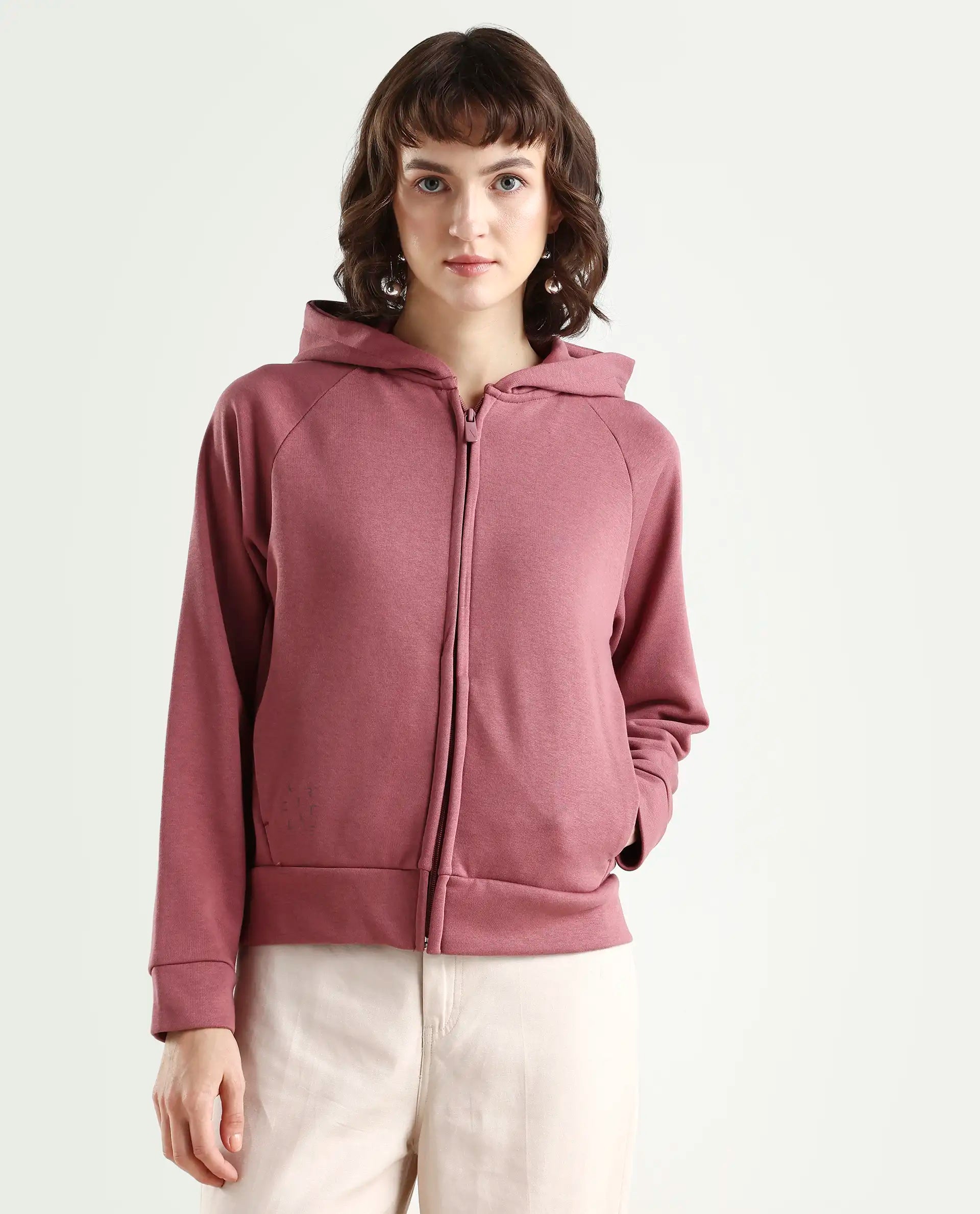 Rareism Women's Medium Weight Terry 290 Gsm Cotton Blend Hooded Plain Regular Fit Jacket