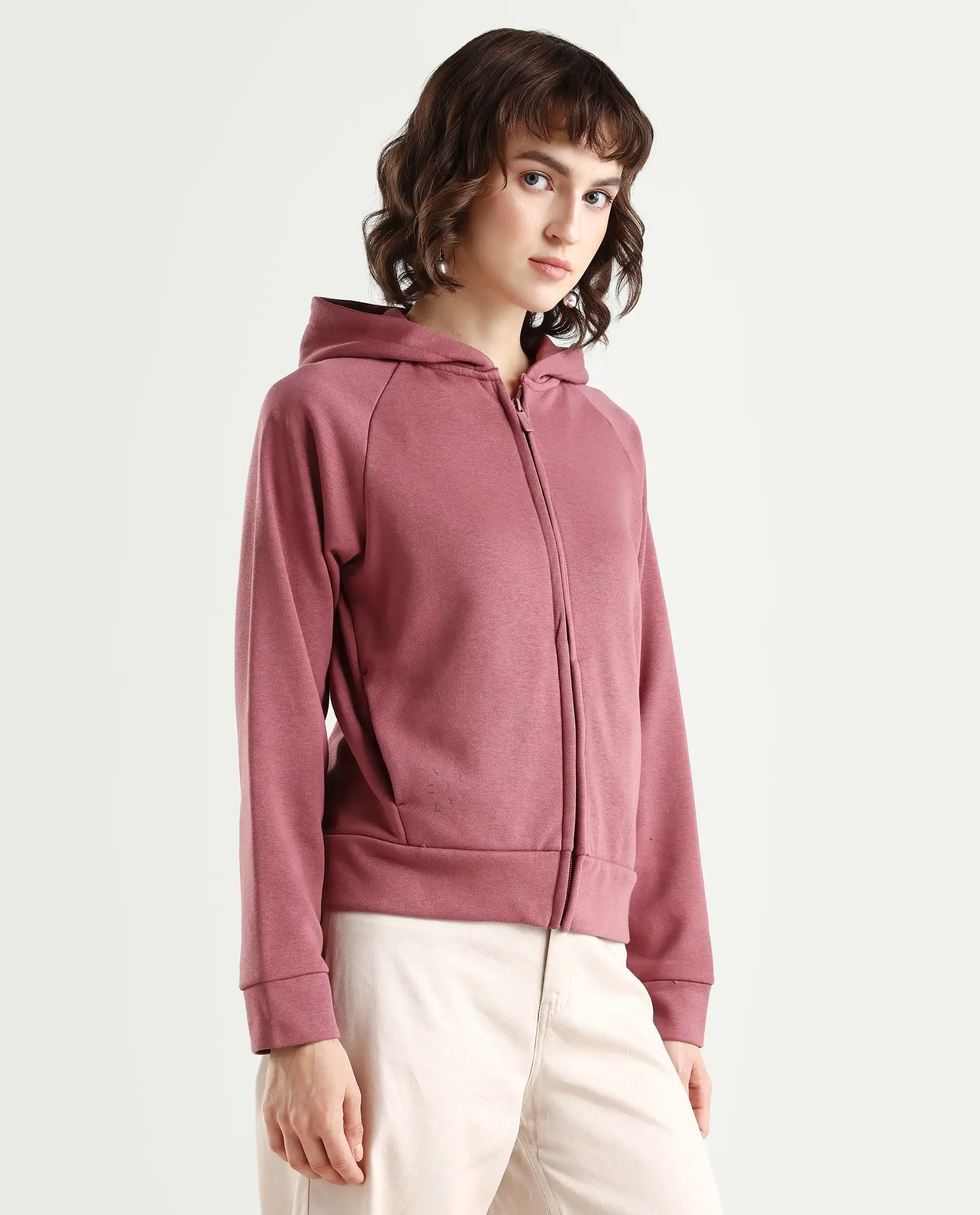 Rareism Women's Medium Weight Terry 290 Gsm Cotton Blend Hooded Plain Regular Fit Jacket