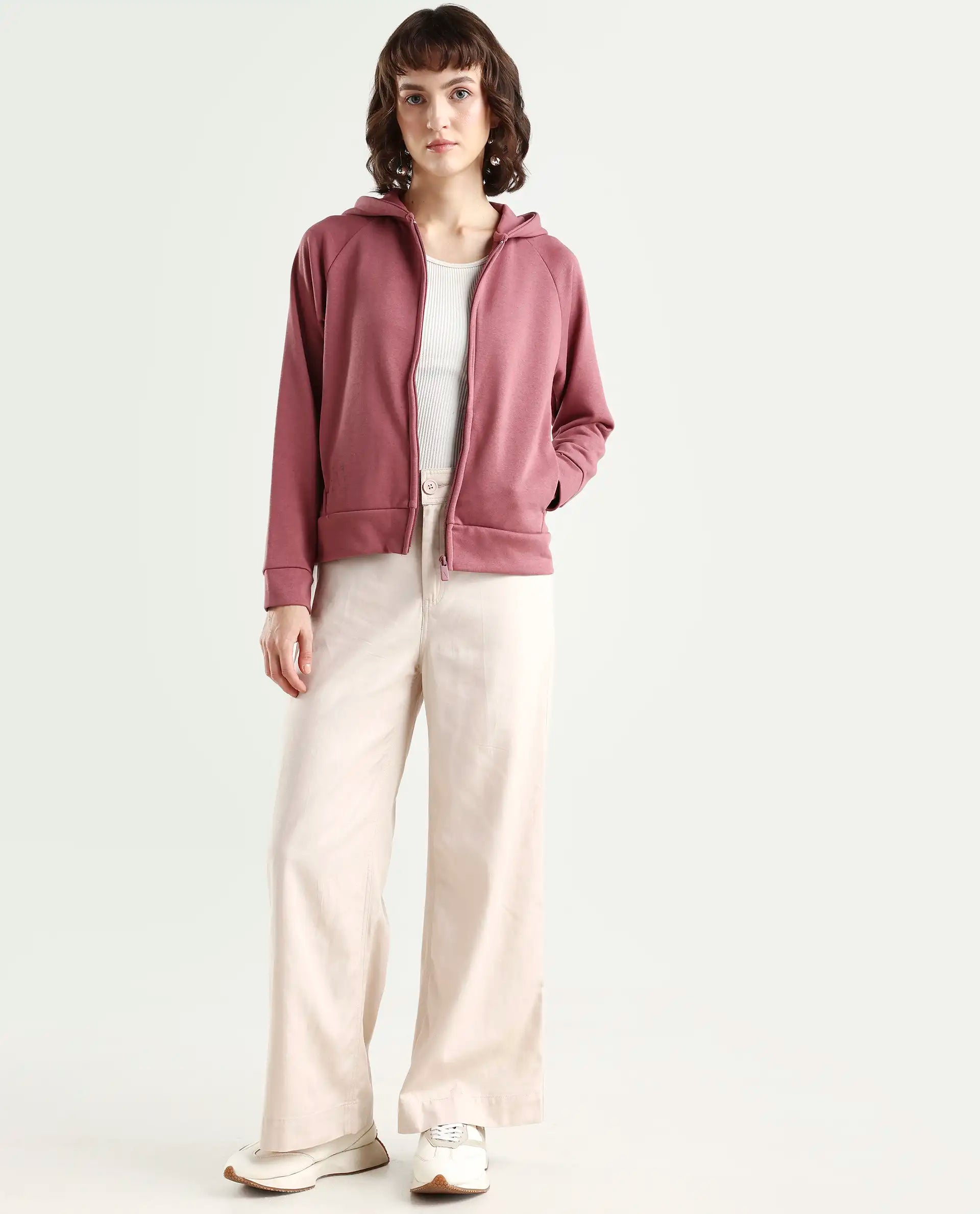 Rareism Women's Medium Weight Terry 290 Gsm Cotton Blend Hooded Plain Regular Fit Jacket