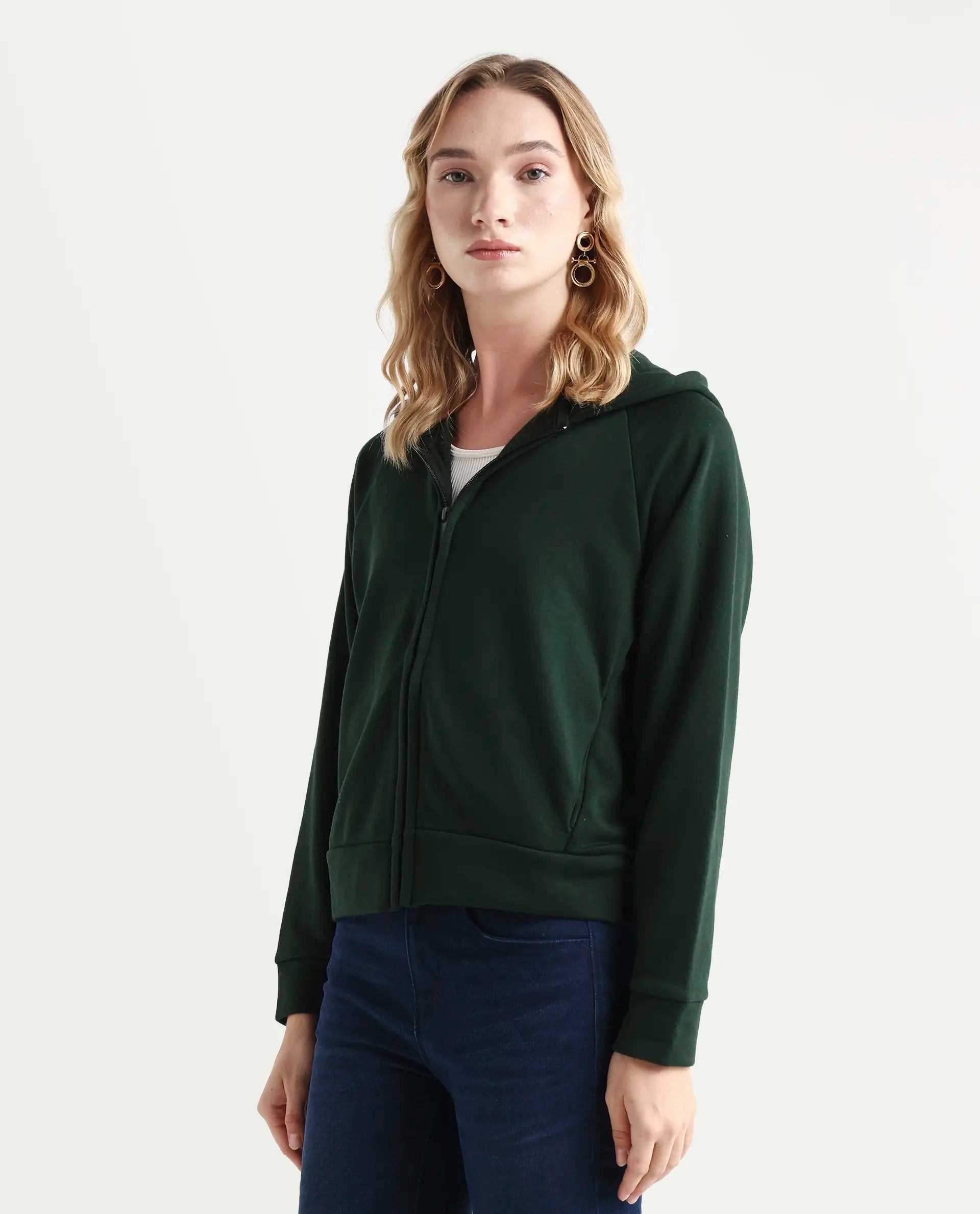 Rareism Women's Medium Weight Terry 290 Gsm Cotton Blend Hooded Plain Regular Fit Jacket