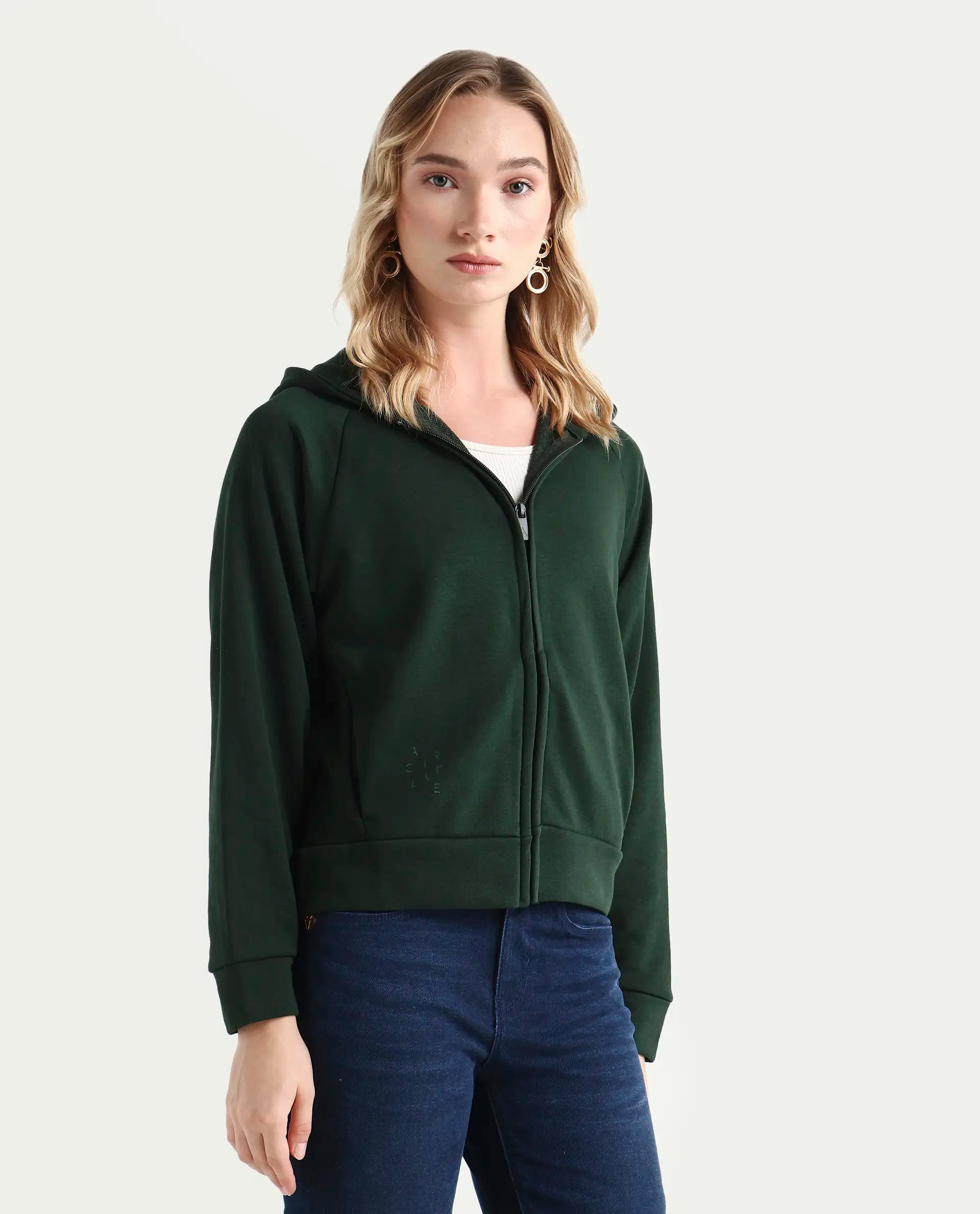 Rareism Women's Medium Weight Terry 290 Gsm Cotton Blend Hooded Plain Regular Fit Jacket