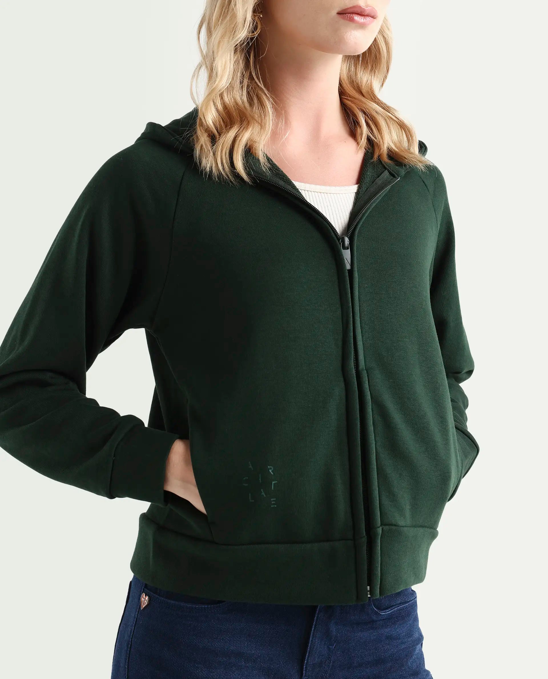 Rareism Women's Medium Weight Terry 290 Gsm Cotton Blend Hooded Plain Regular Fit Jacket