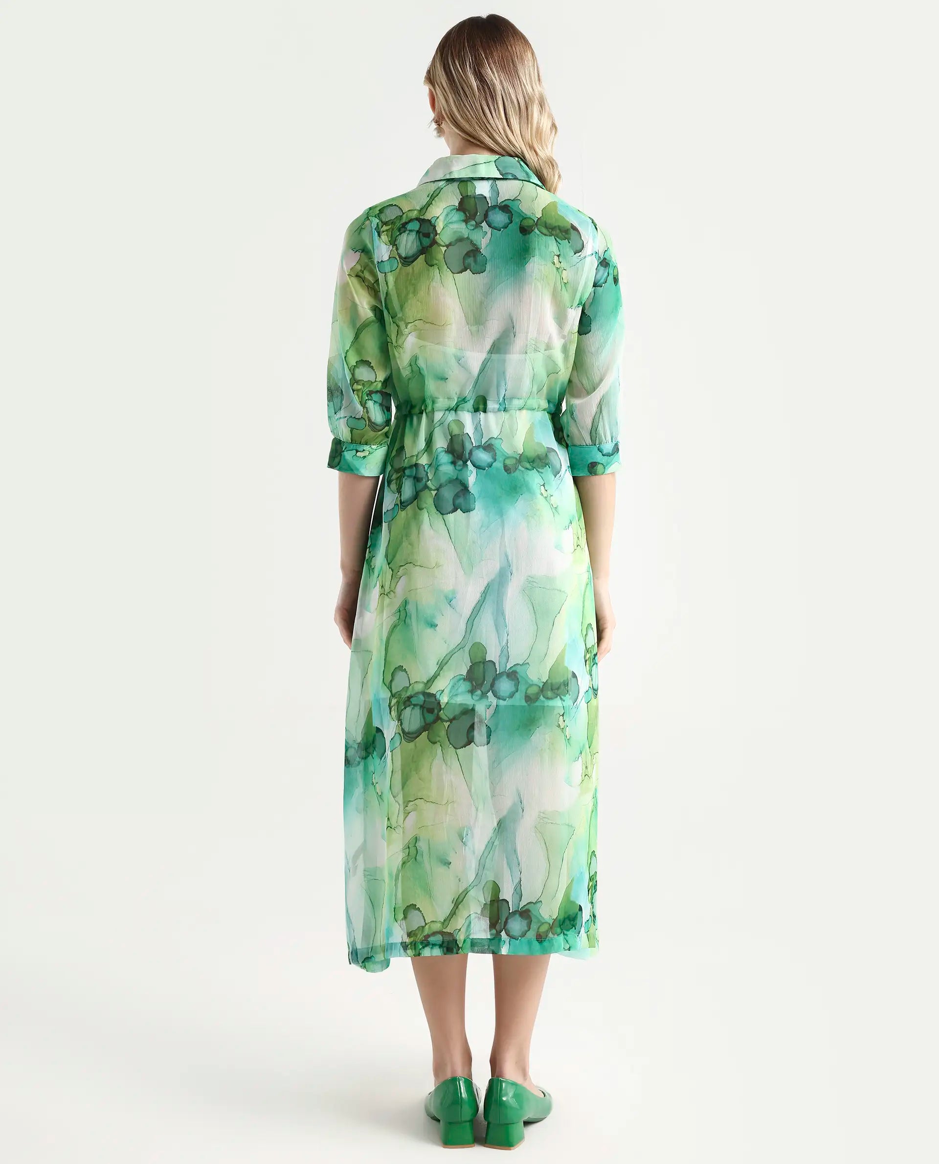 Rareism Women's Jamaica Green Sweetheart Neck Floral Print Knee Length Regular Fit Dress