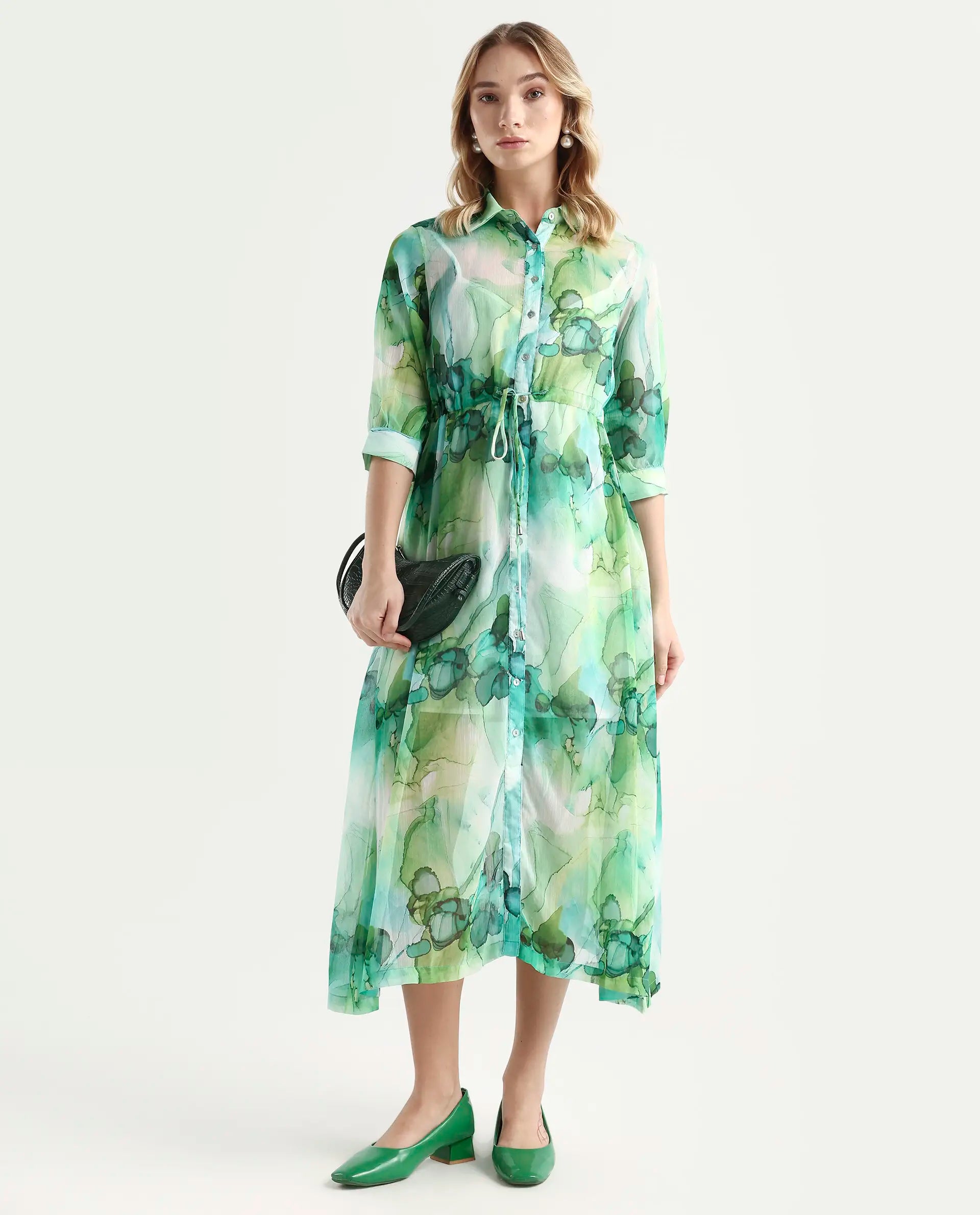 Rareism Women's Jamaica Green Sweetheart Neck Floral Print Knee Length Regular Fit Dress