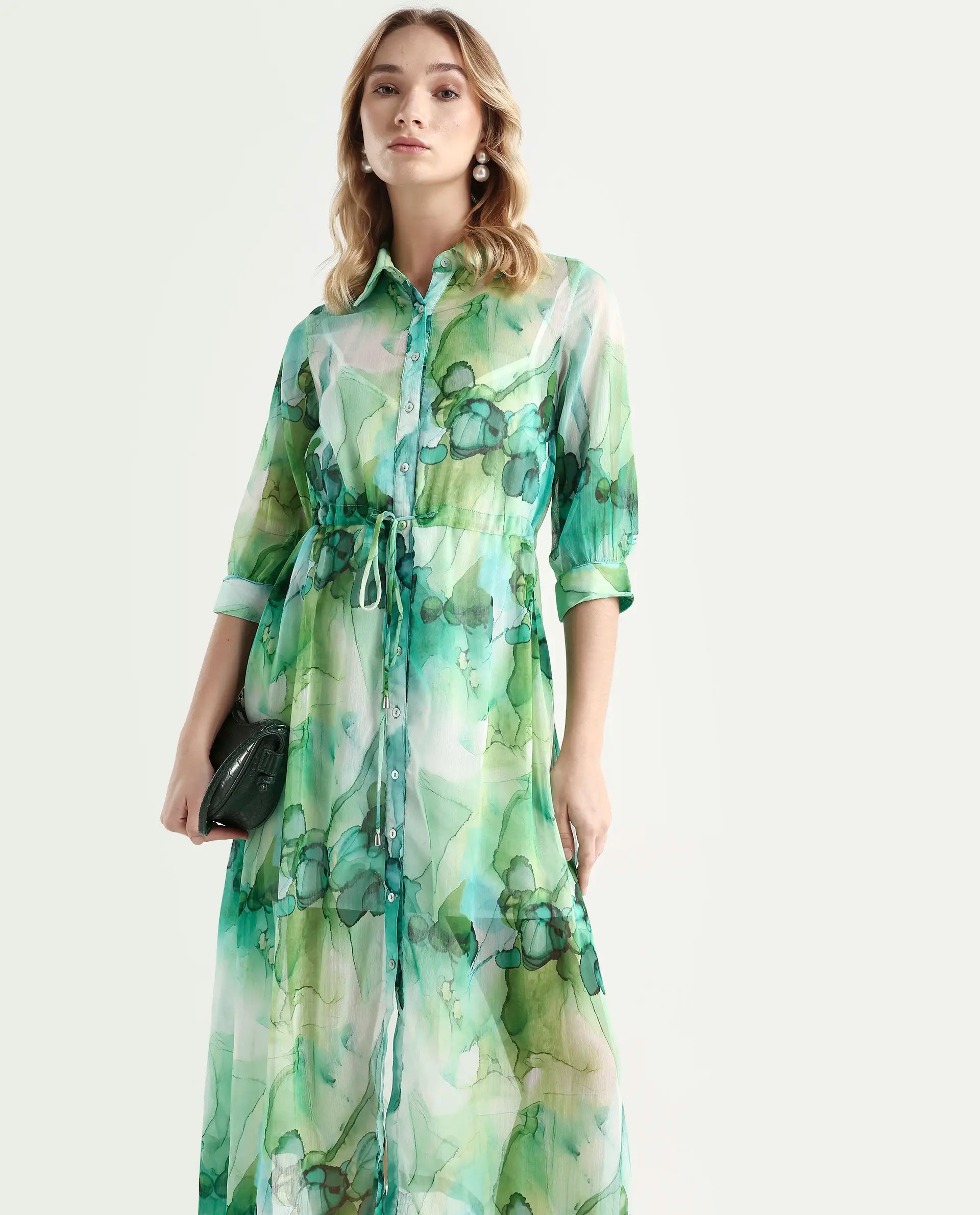 Rareism Women's Jamaica Green Sweetheart Neck Floral Print Knee Length Regular Fit Dress