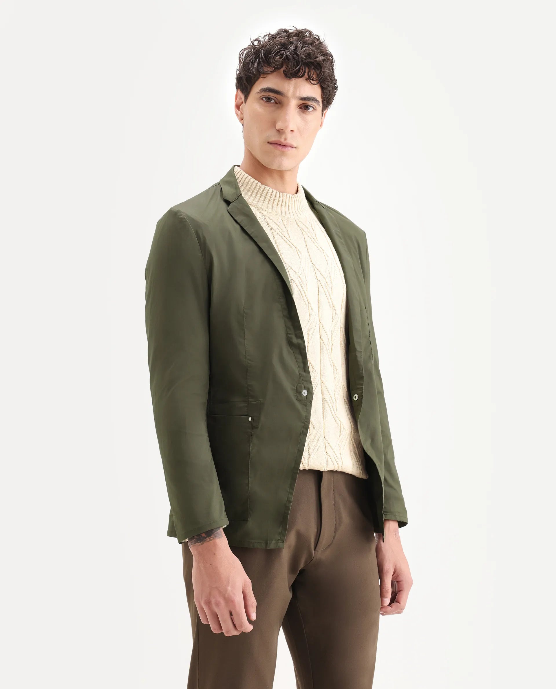 Rare Rabbit Men's Glaze Olive Viscose Plain Regular Fit Full Sleeve Lapel Neck Jacket