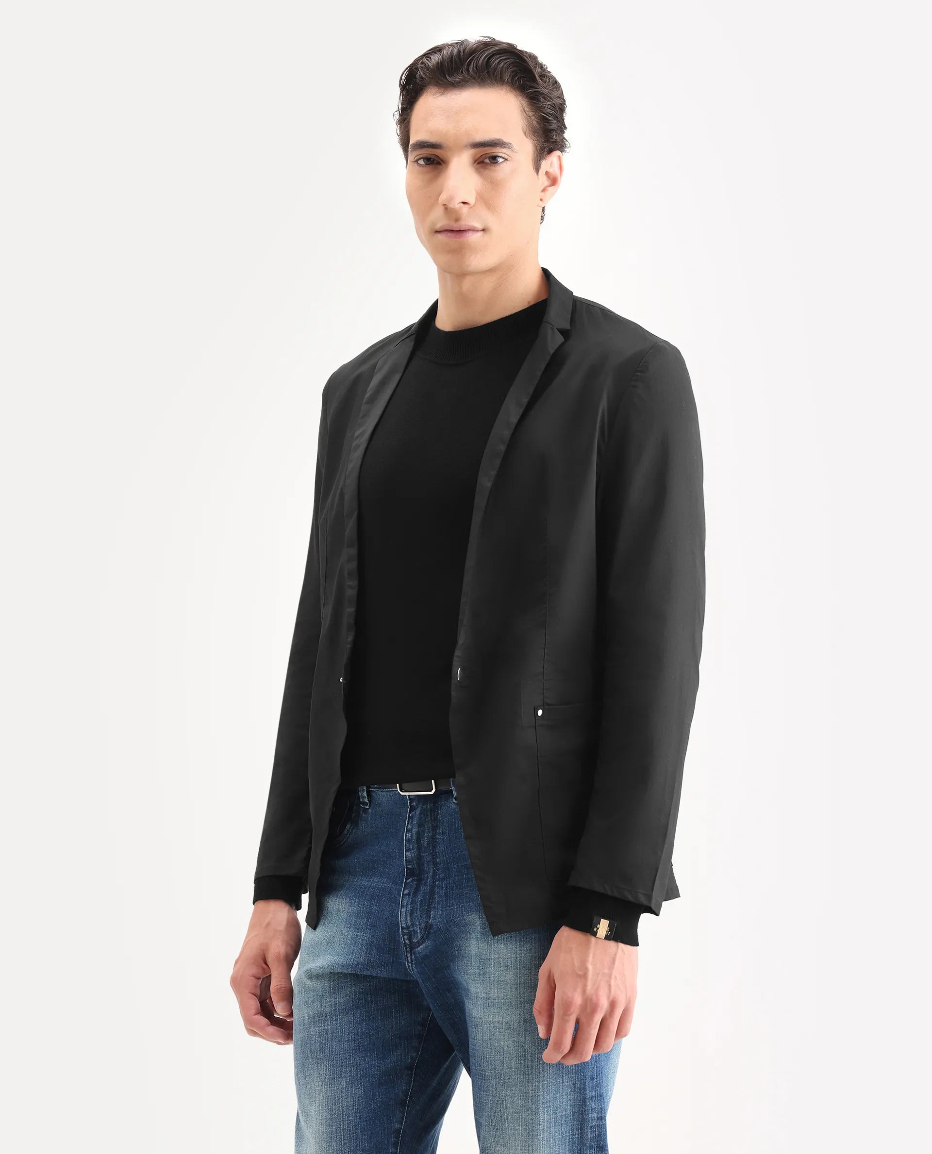 Rare Rabbit Men's Glaze Black Viscose Plain Regular Fit Full Sleeve Lapel Neck Jacket