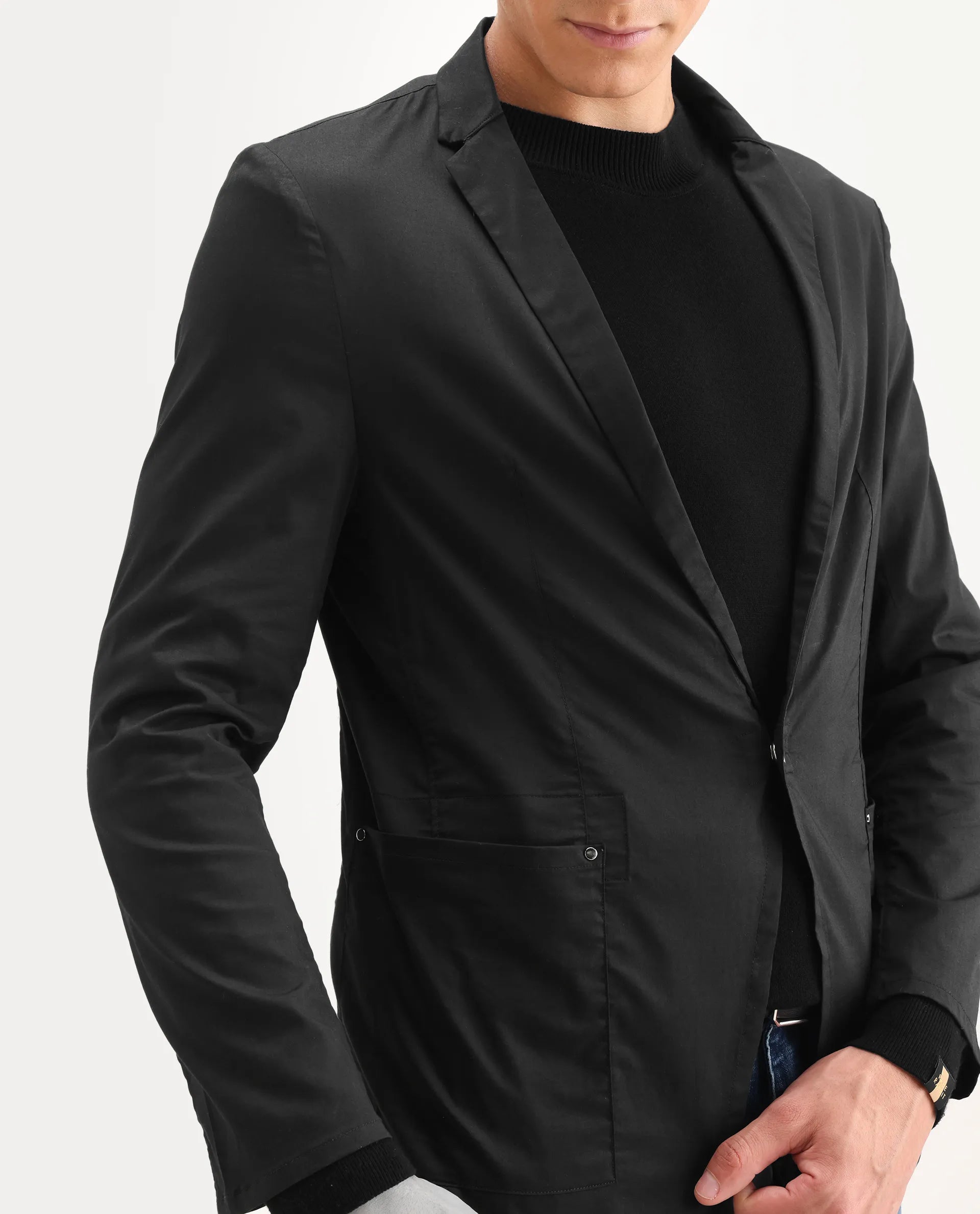 Rare Rabbit Men's Glaze Black Viscose Plain Regular Fit Full Sleeve Lapel Neck Jacket