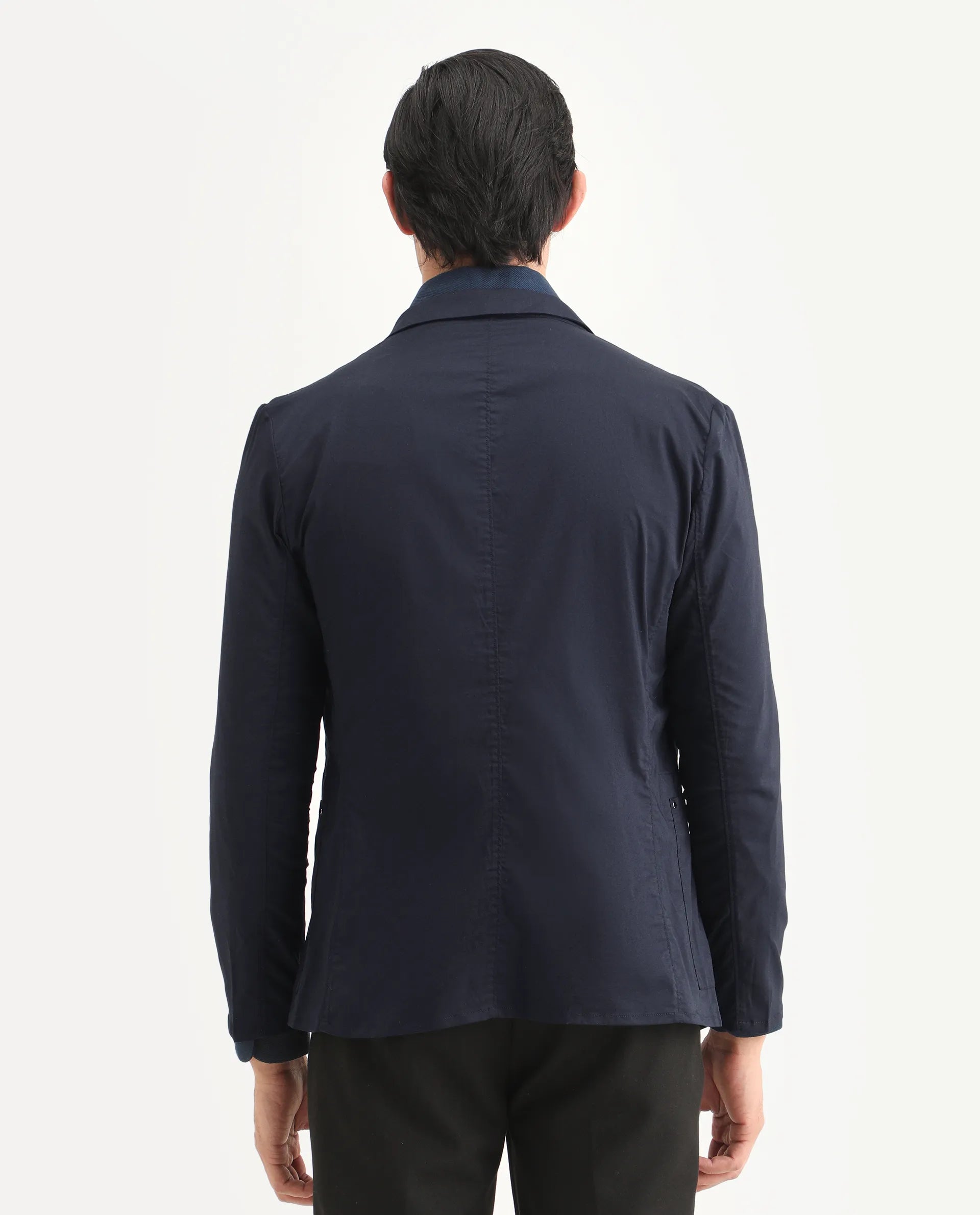 Rare Rabbit Men's Glaze Navy Cotton Blend Plain Regular Fit Full Sleeve Lapel Neck Jacket