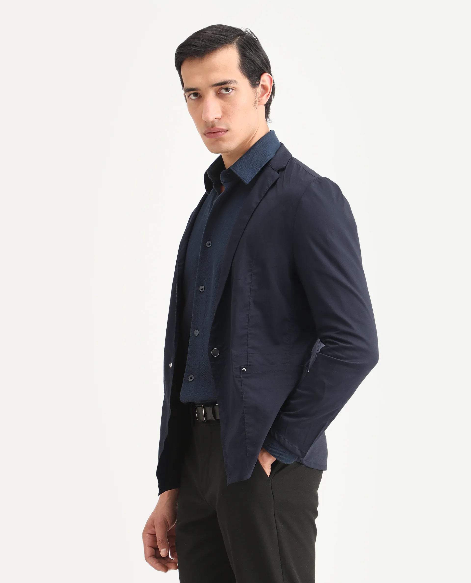 Rare Rabbit Men's Glaze Navy Cotton Blend Plain Regular Fit Full Sleeve Lapel Neck Jacket