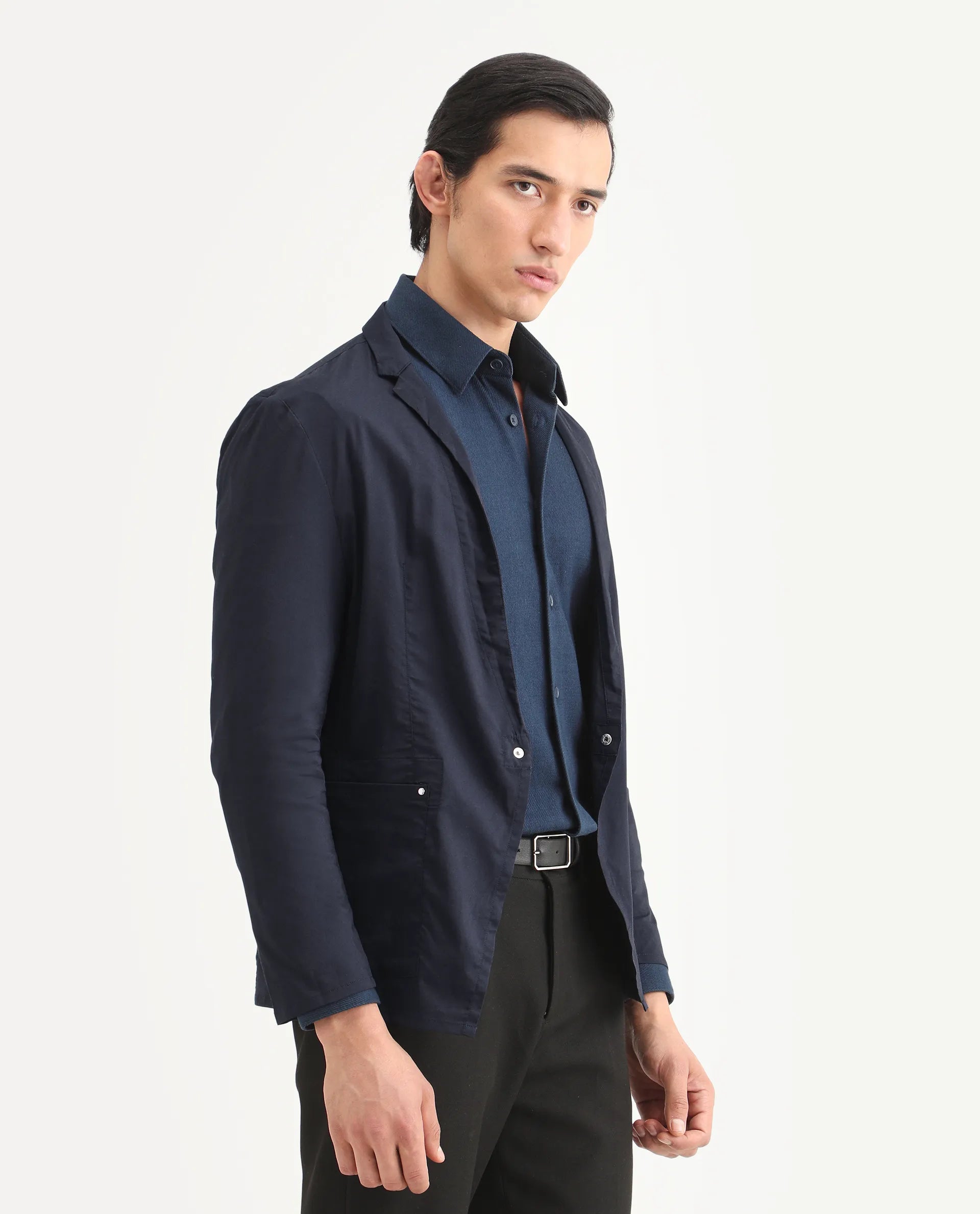 Rare Rabbit Men's Glaze Navy Cotton Blend Plain Regular Fit Full Sleeve Lapel Neck Jacket