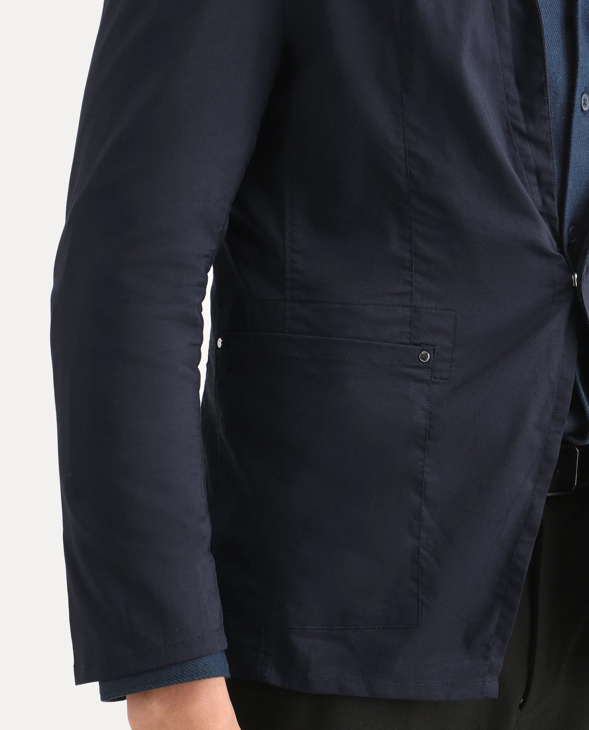 Rare Rabbit Men's Glaze Navy Cotton Blend Plain Regular Fit Full Sleeve Lapel Neck Jacket