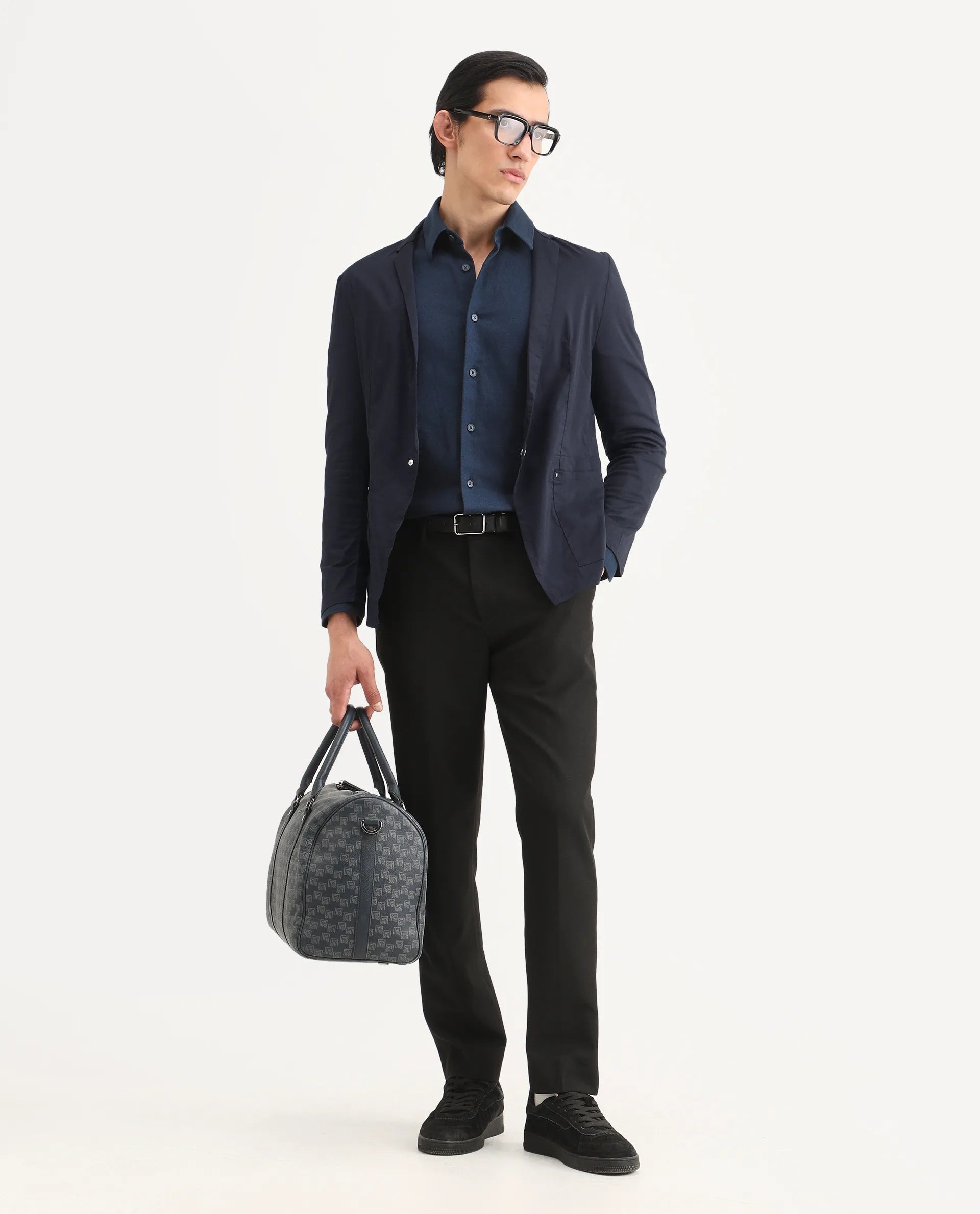 Rare Rabbit Men's Glaze Navy Cotton Blend Plain Regular Fit Full Sleeve Lapel Neck Jacket