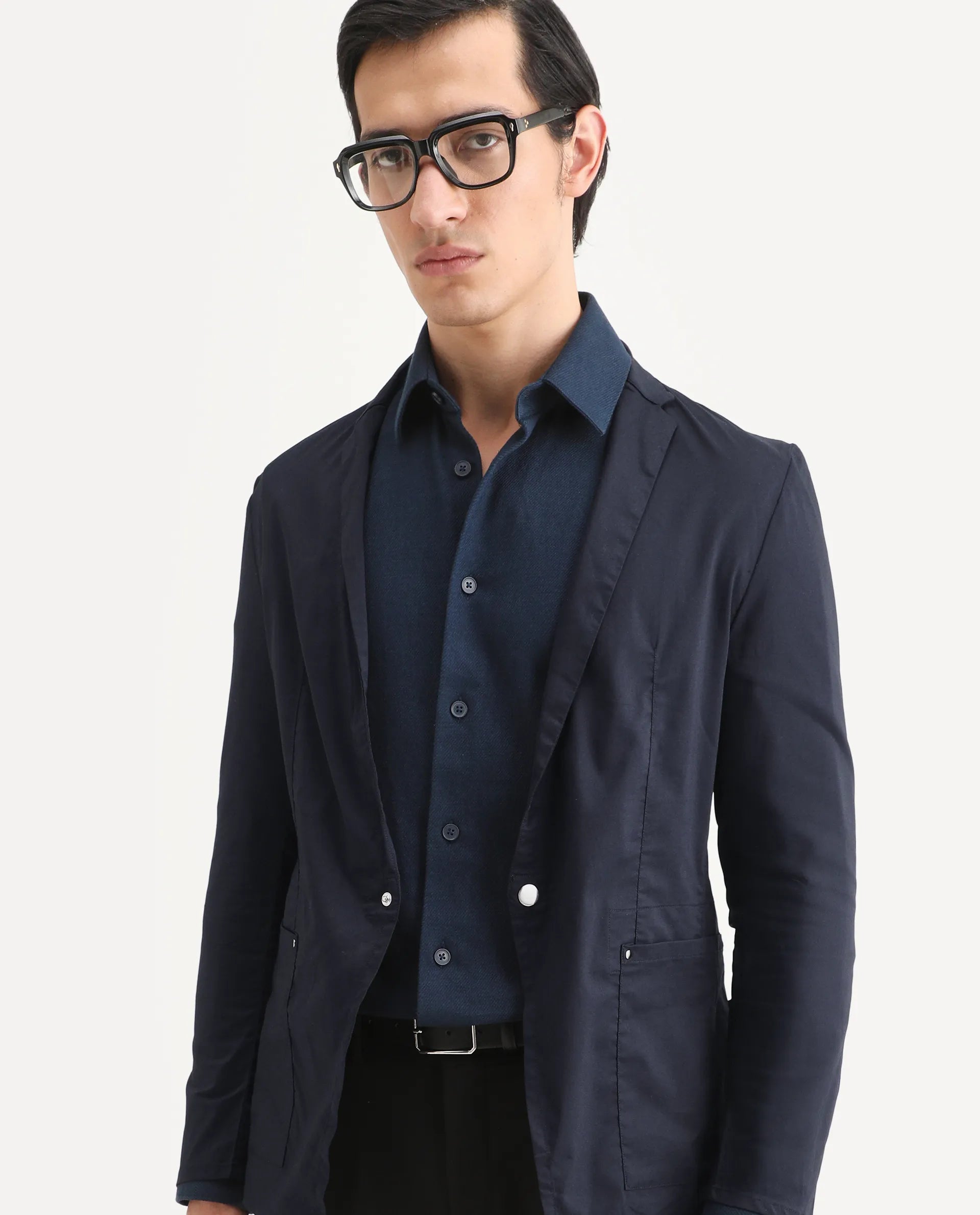 Rare Rabbit Men's Glaze Navy Cotton Blend Plain Regular Fit Full Sleeve Lapel Neck Jacket
