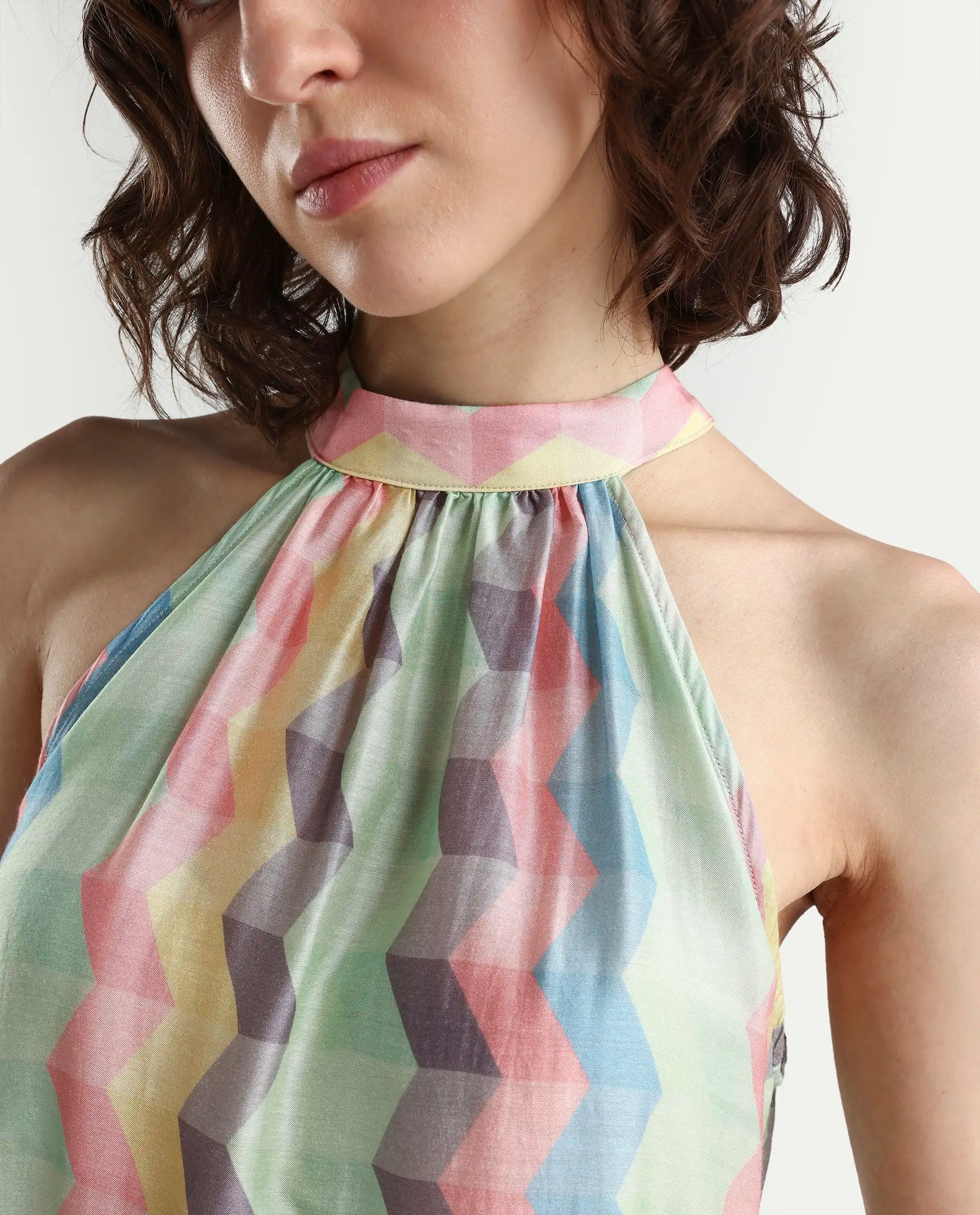 Rareism Women's Hamper Multi Halter Neck Geometric Print Sleeveless Knee Length Tailored Top