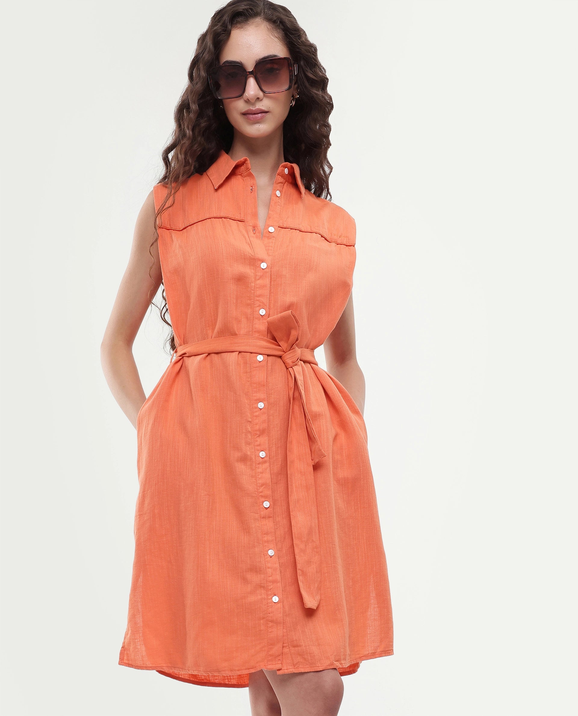 Rareism Women's Zolaa Orange Linen Spread Collar Plain Sleeveless Mini Regular Fit Dress