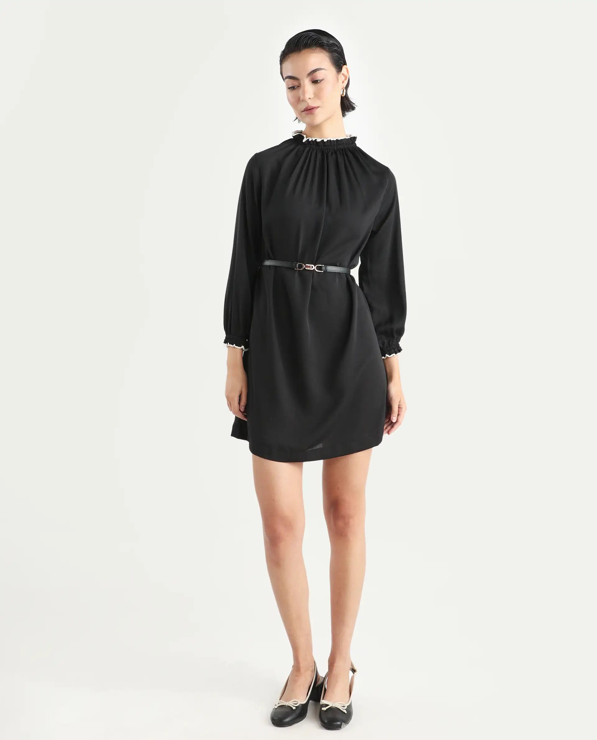 Rareism Women's Spoke Black Polyester Crew Neck Plain Knee Length Relaxed Fit Dress