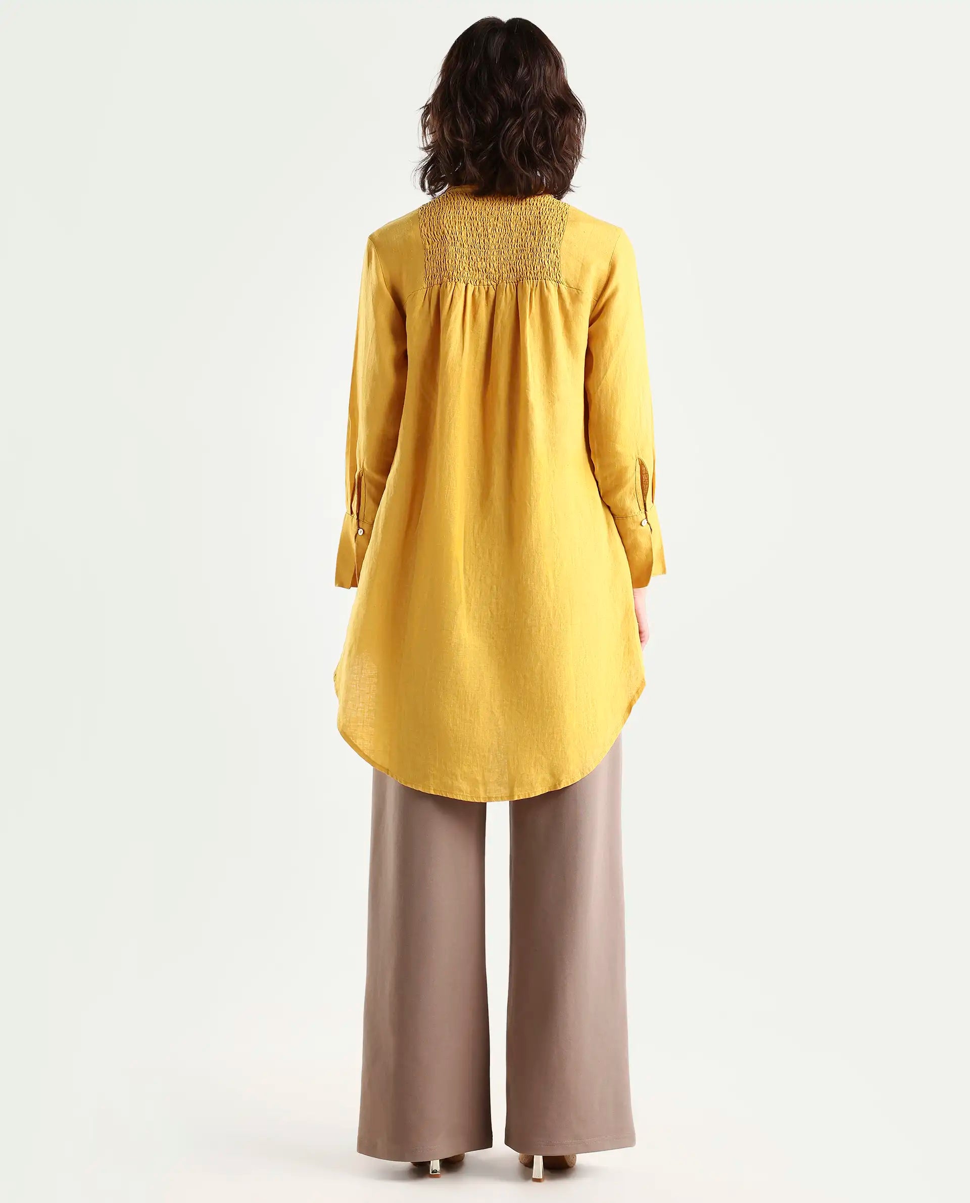 Rareism Women's Comfo Yellow Linen Spread Collar Plain Relaxed Fit Top