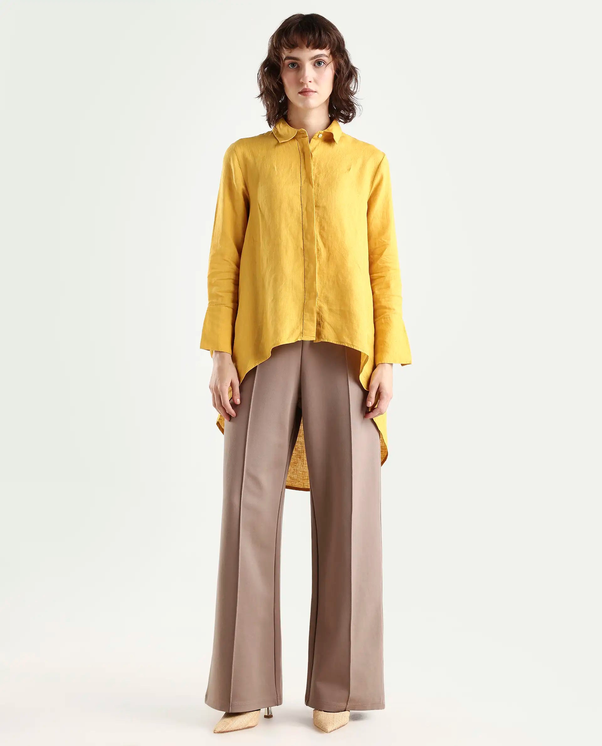 Rareism Women's Comfo Yellow Linen Spread Collar Plain Relaxed Fit Top