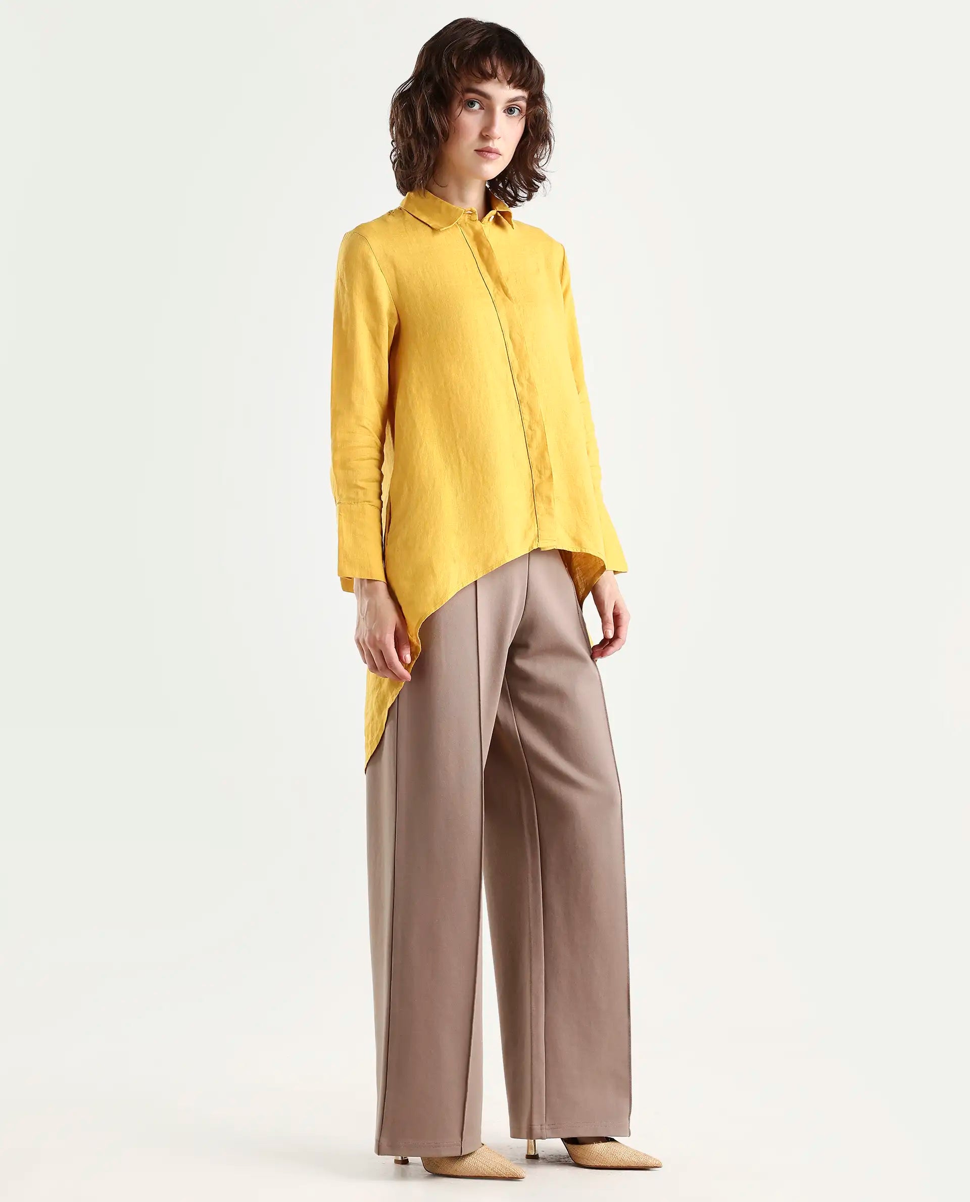 Rareism Women's Comfo Yellow Linen Spread Collar Plain Relaxed Fit Top