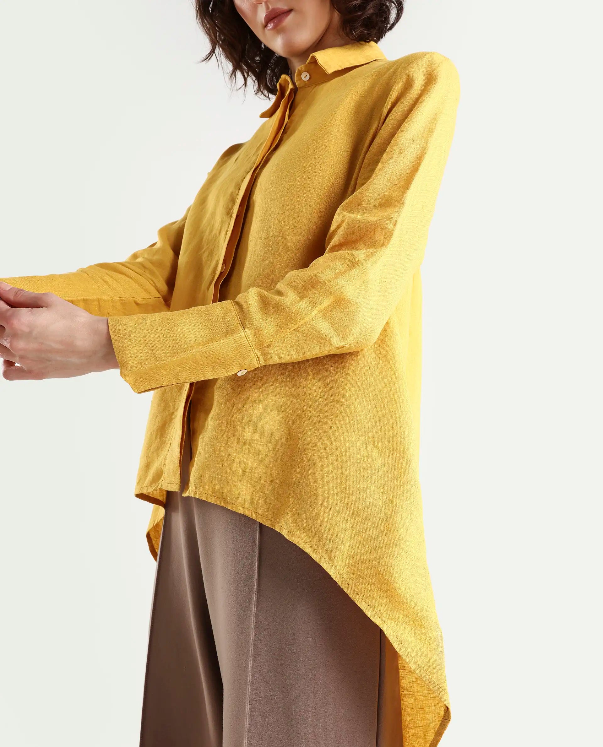 Rareism Women's Comfo Yellow Linen Spread Collar Plain Relaxed Fit Top