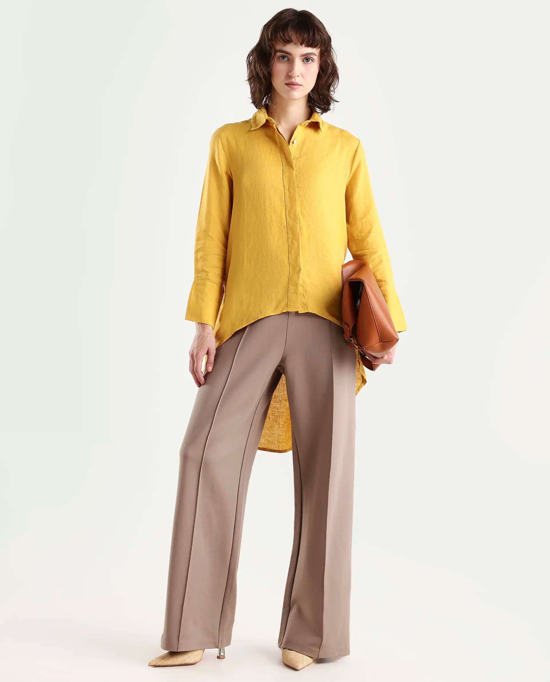 Rareism Women's Comfo Yellow Linen Spread Collar Plain Relaxed Fit Top