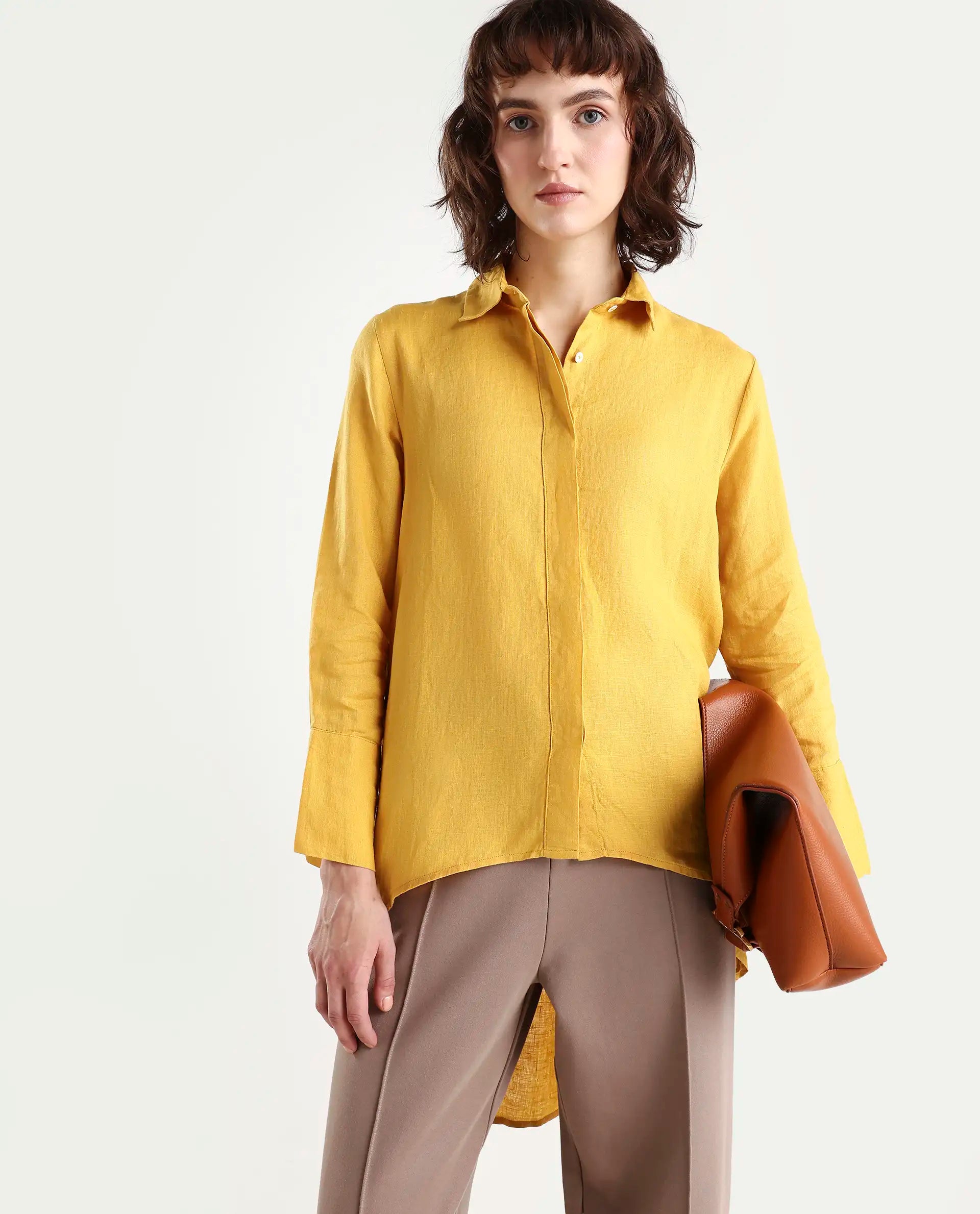 Rareism Women's Comfo Yellow Linen Spread Collar Plain Relaxed Fit Top