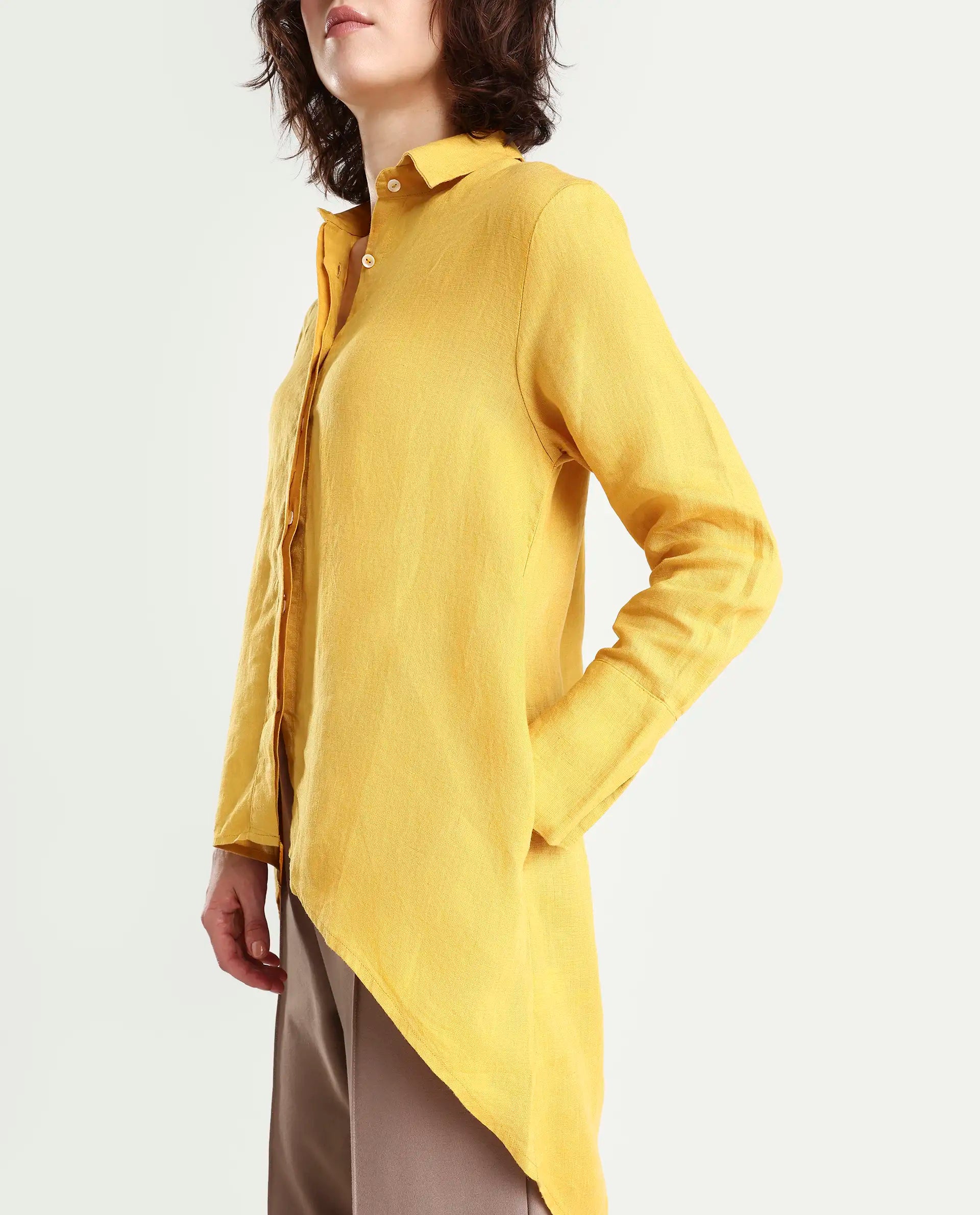 Rareism Women's Comfo Yellow Linen Spread Collar Plain Relaxed Fit Top