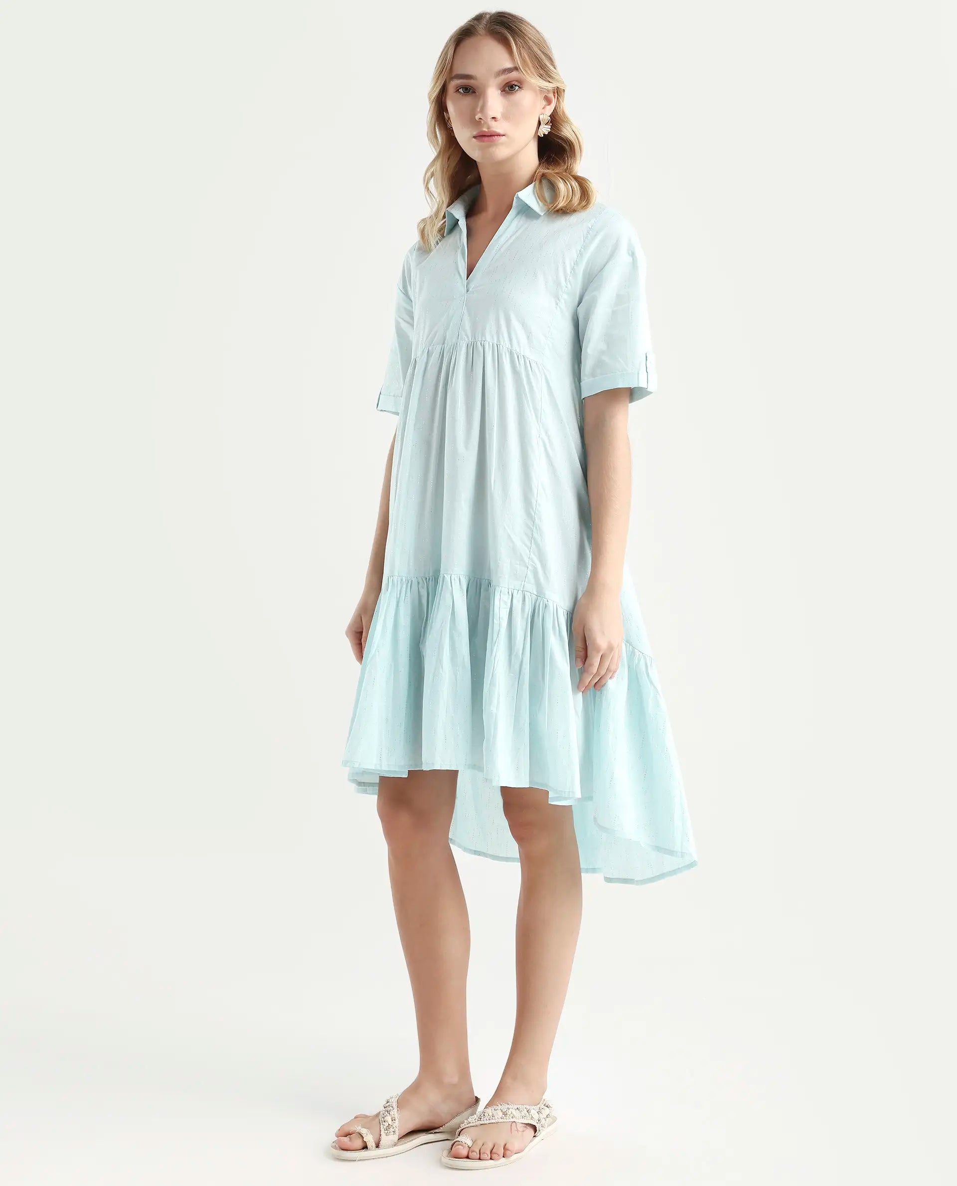 Rareism Women's Loaf Turq Cotton Spread Collar Plain Knee Length Flared Dress