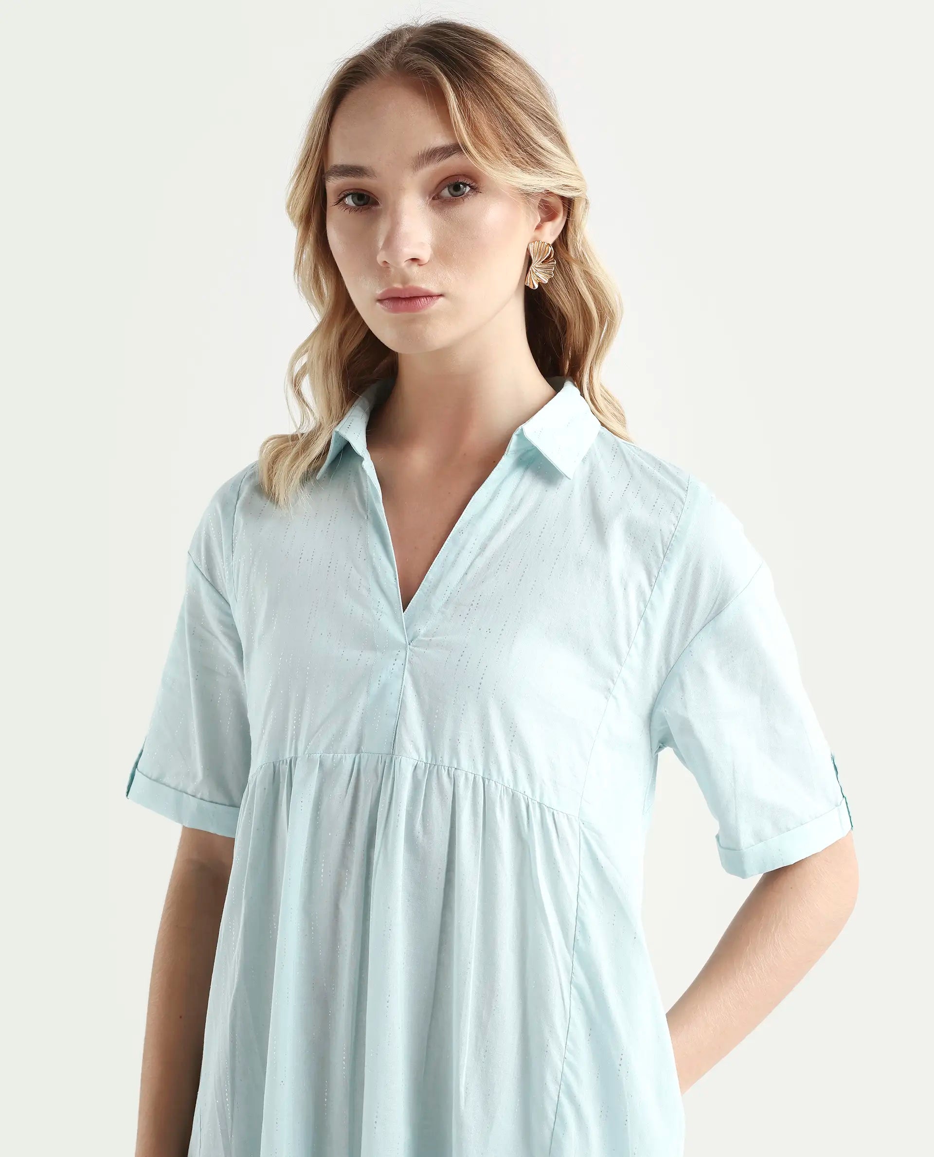 Rareism Women's Loaf Turq Cotton Spread Collar Plain Knee Length Flared Dress