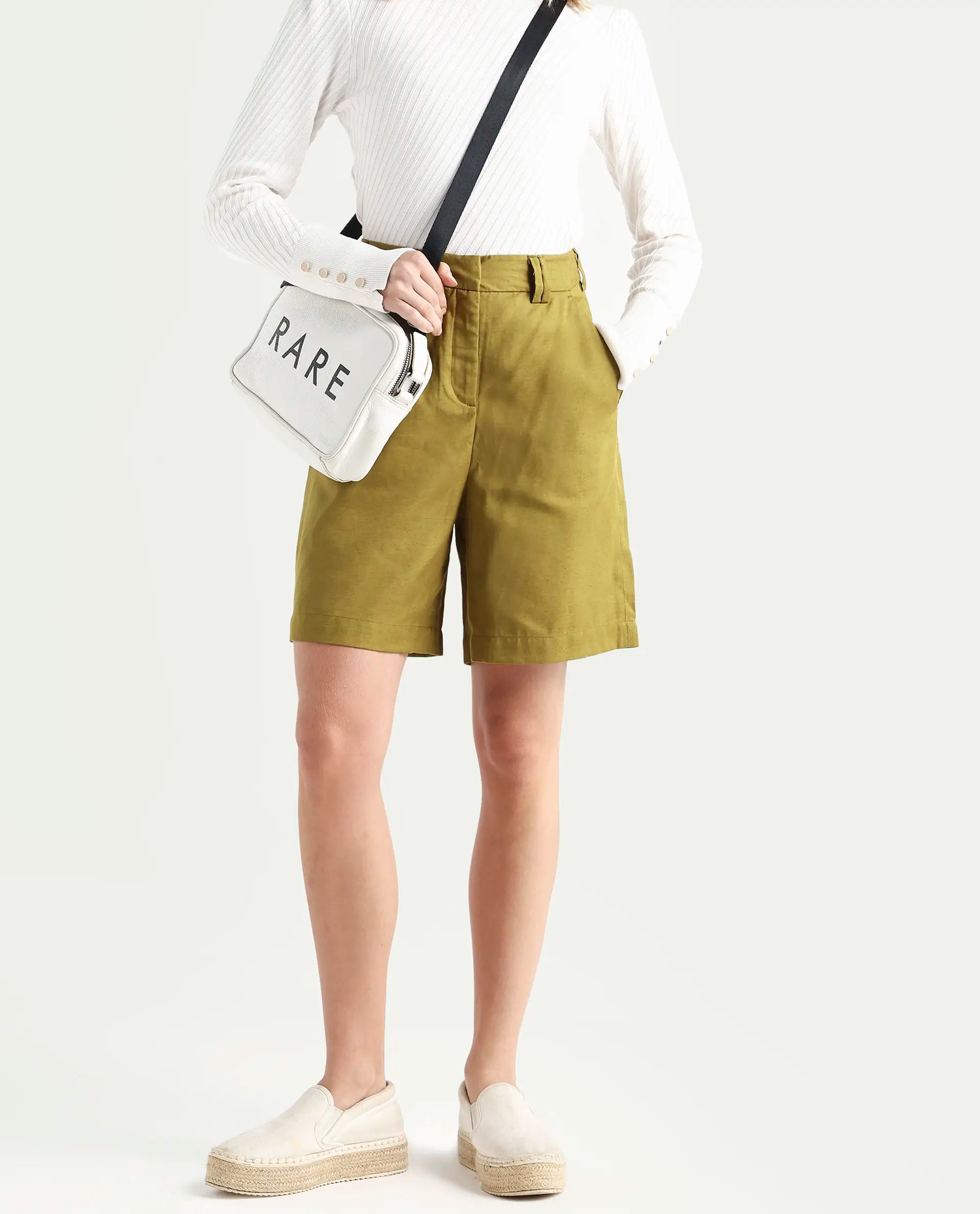 Rareism Women's Lamar Olive Lyocell Plain Mini Relaxed Fit Shorts