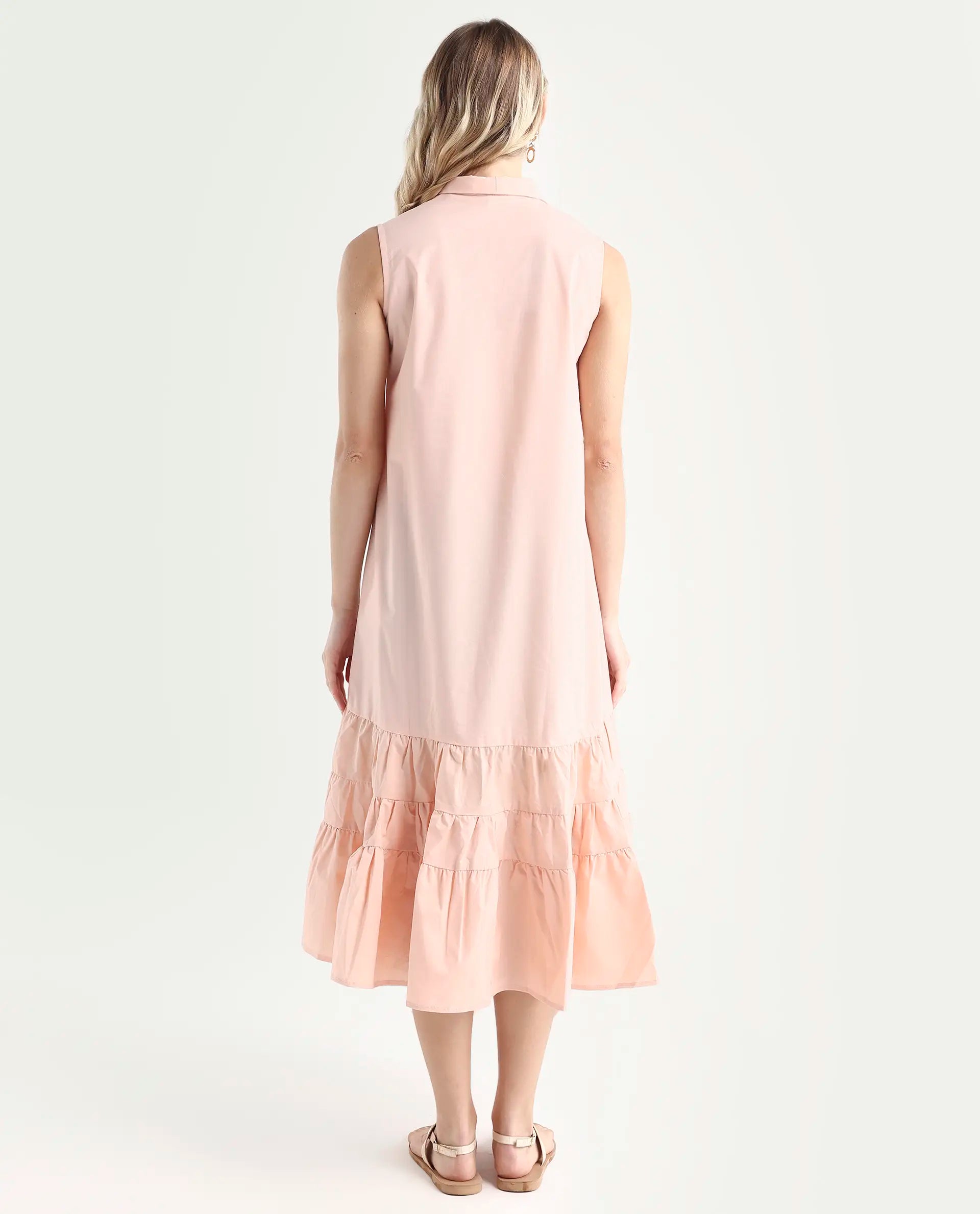 Rareism Women's Gino Peach Polyester Blend Tie-Up Neck Plain Sleeveless Knee Length Regular Fit Dress