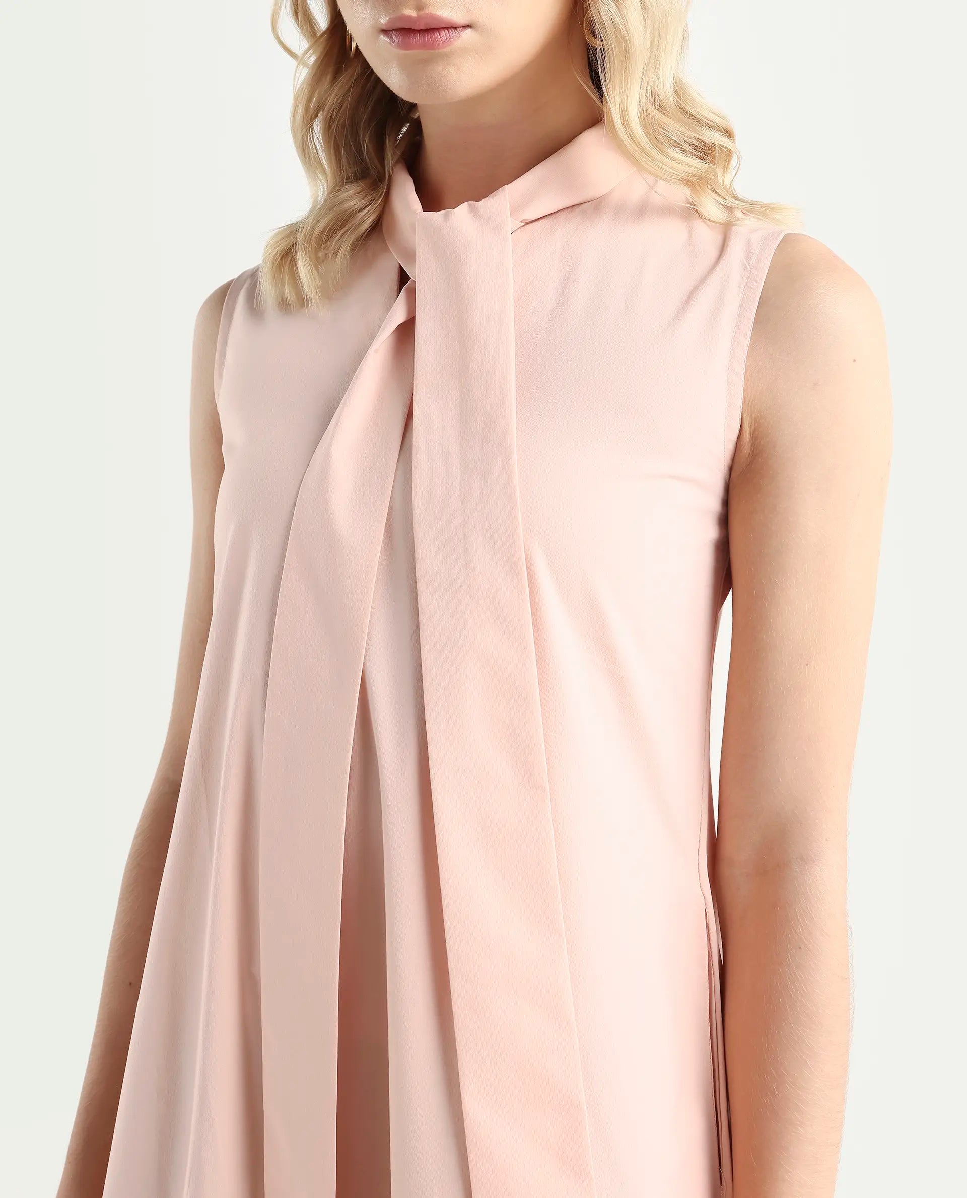 Rareism Women's Gino Peach Polyester Blend Tie-Up Neck Plain Sleeveless Knee Length Regular Fit Dress