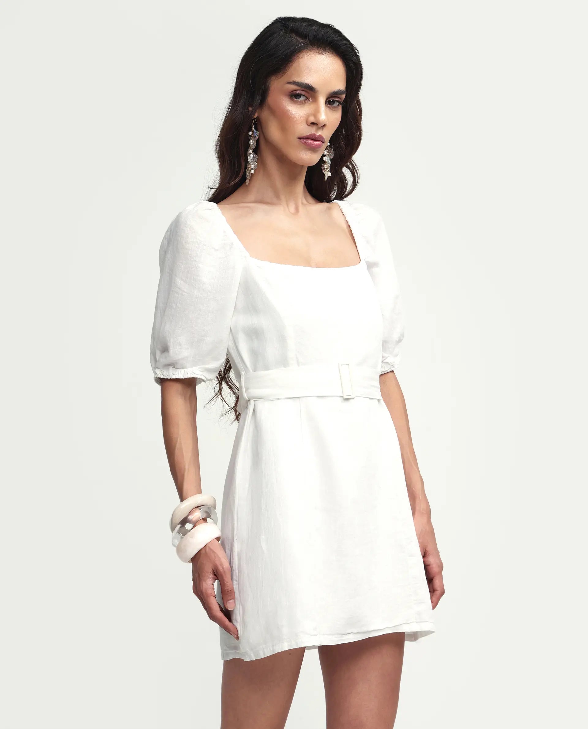 Rareism Women's Uptown White Linen Square Neck Plain Puff Sleeves Mini Slim Fit Dress