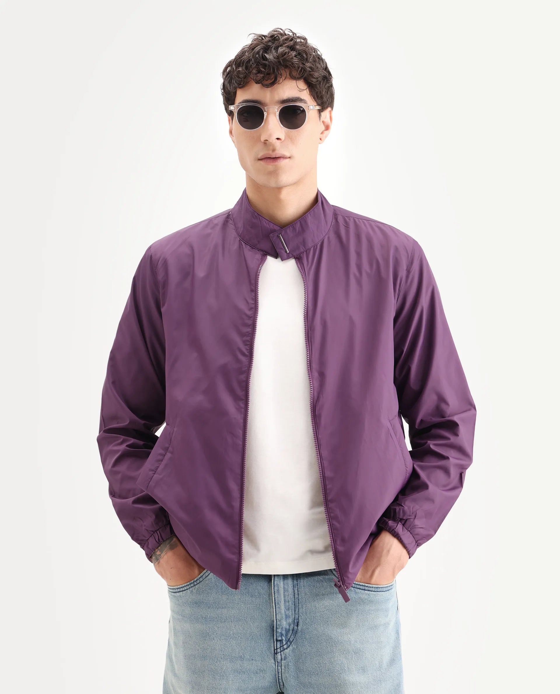 Rare Rabbit Men's Adol Maroon Polyester Plain Regular Fit Full Sleeve Mandarin Collar Jacket