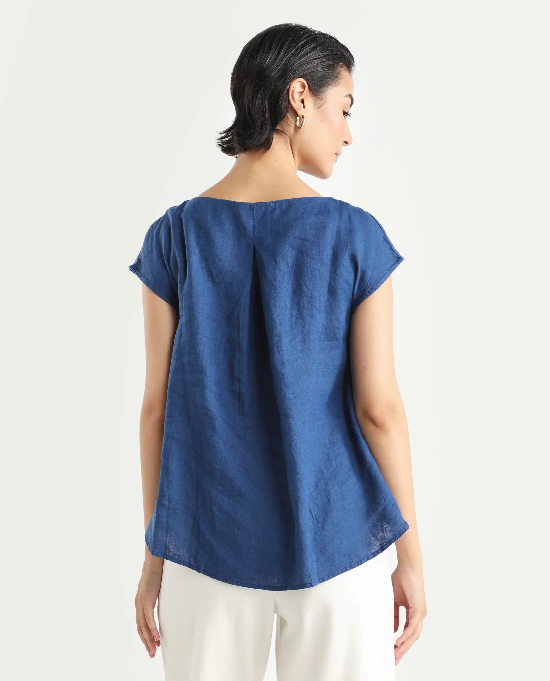Rareism Women's Vita Blue Linen Boat Neck Plain Extended Sleeves Regular Fit Top