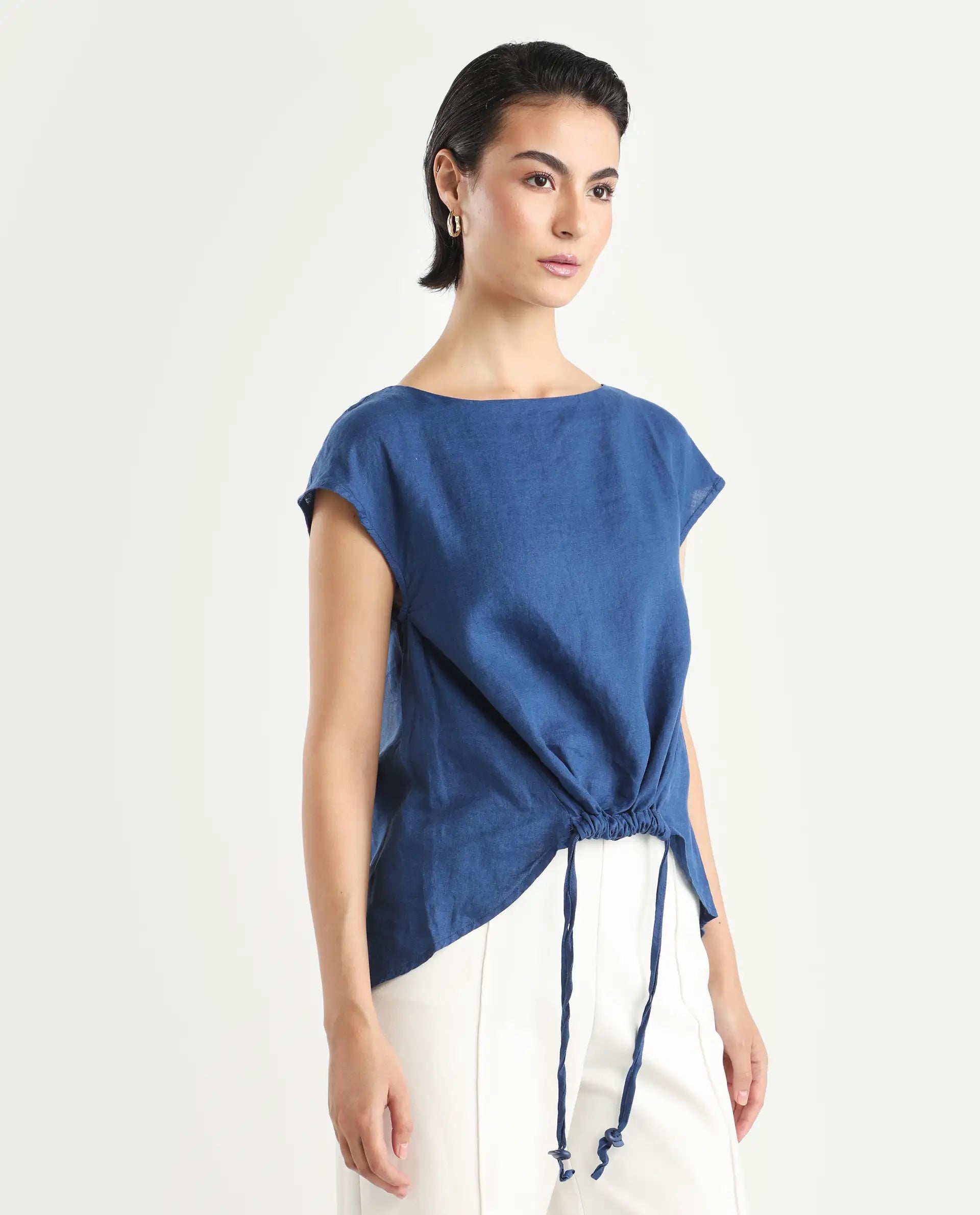 Rareism Women's Vita Blue Linen Boat Neck Plain Extended Sleeves Regular Fit Top