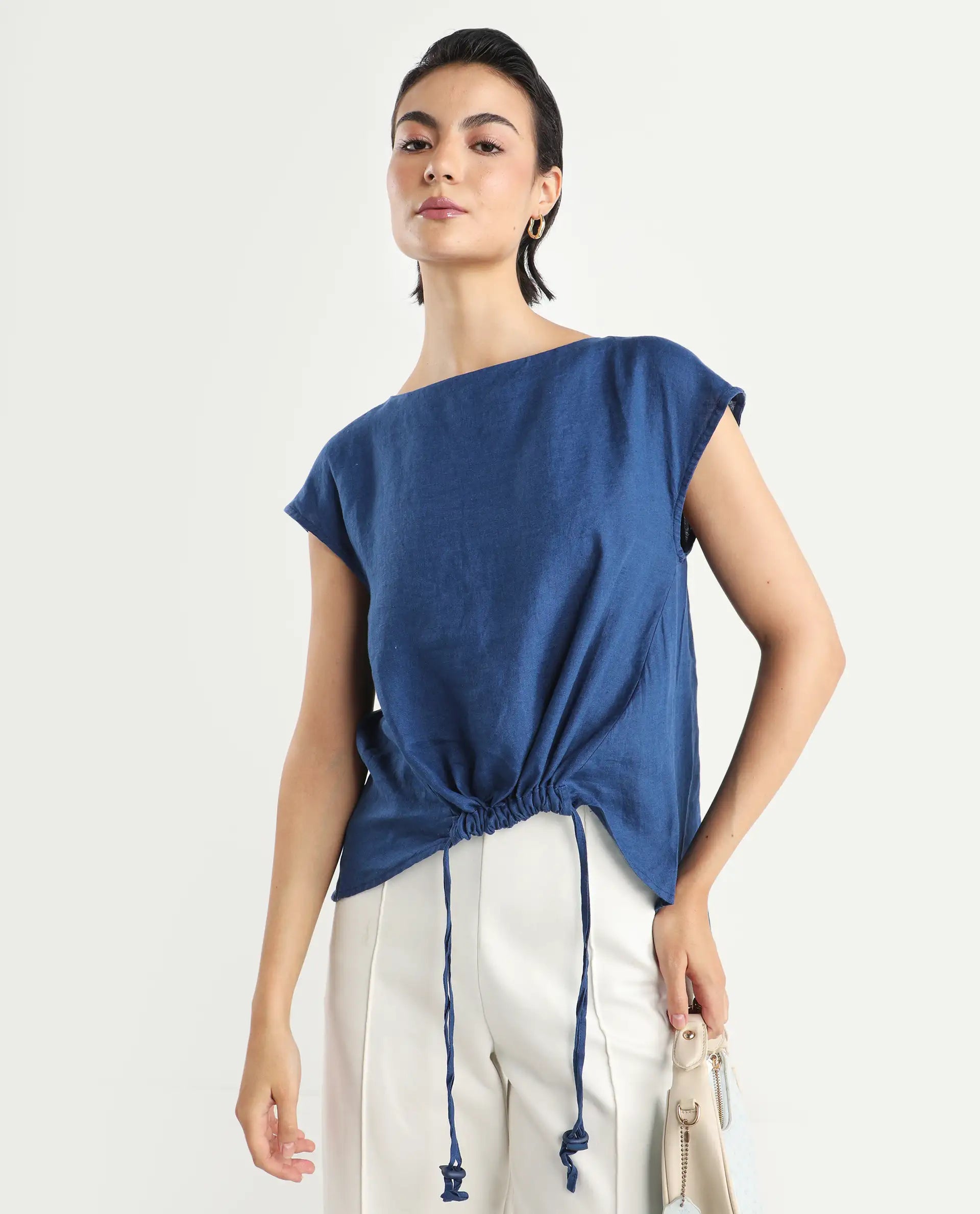 Rareism Women's Vita Blue Linen Boat Neck Plain Extended Sleeves Regular Fit Top