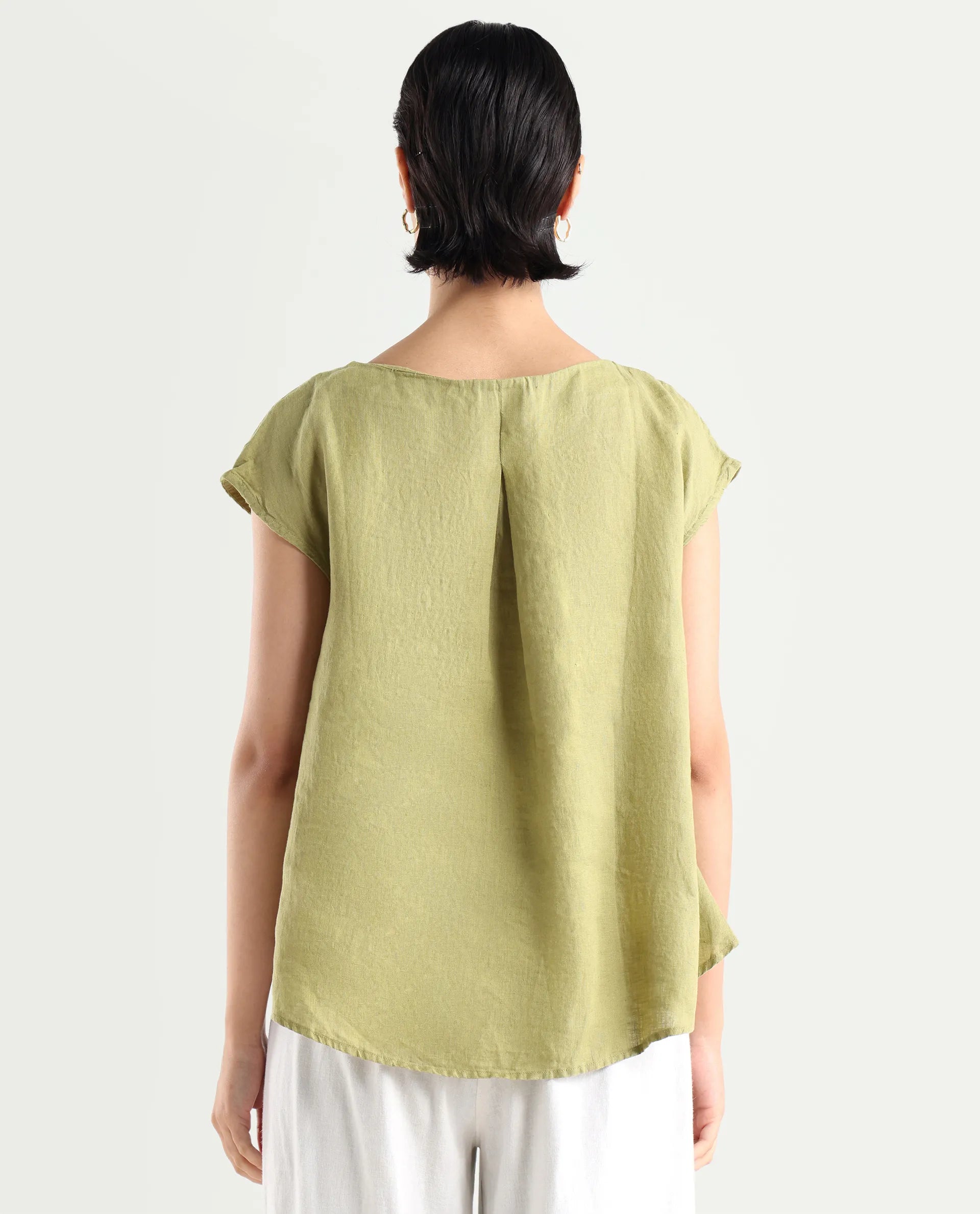 Rareism Women's Vita Green Linen Boat Neck Plain Extended Sleeves Regular Fit Top