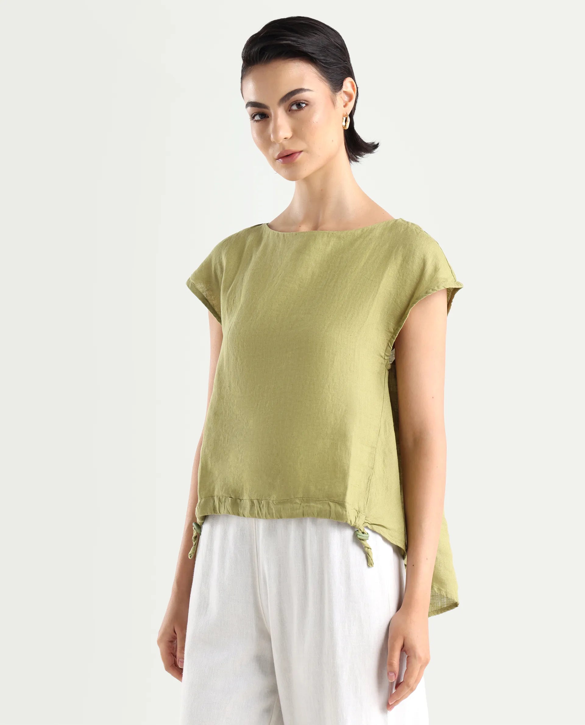 Rareism Women's Vita Green Linen Boat Neck Plain Extended Sleeves Regular Fit Top