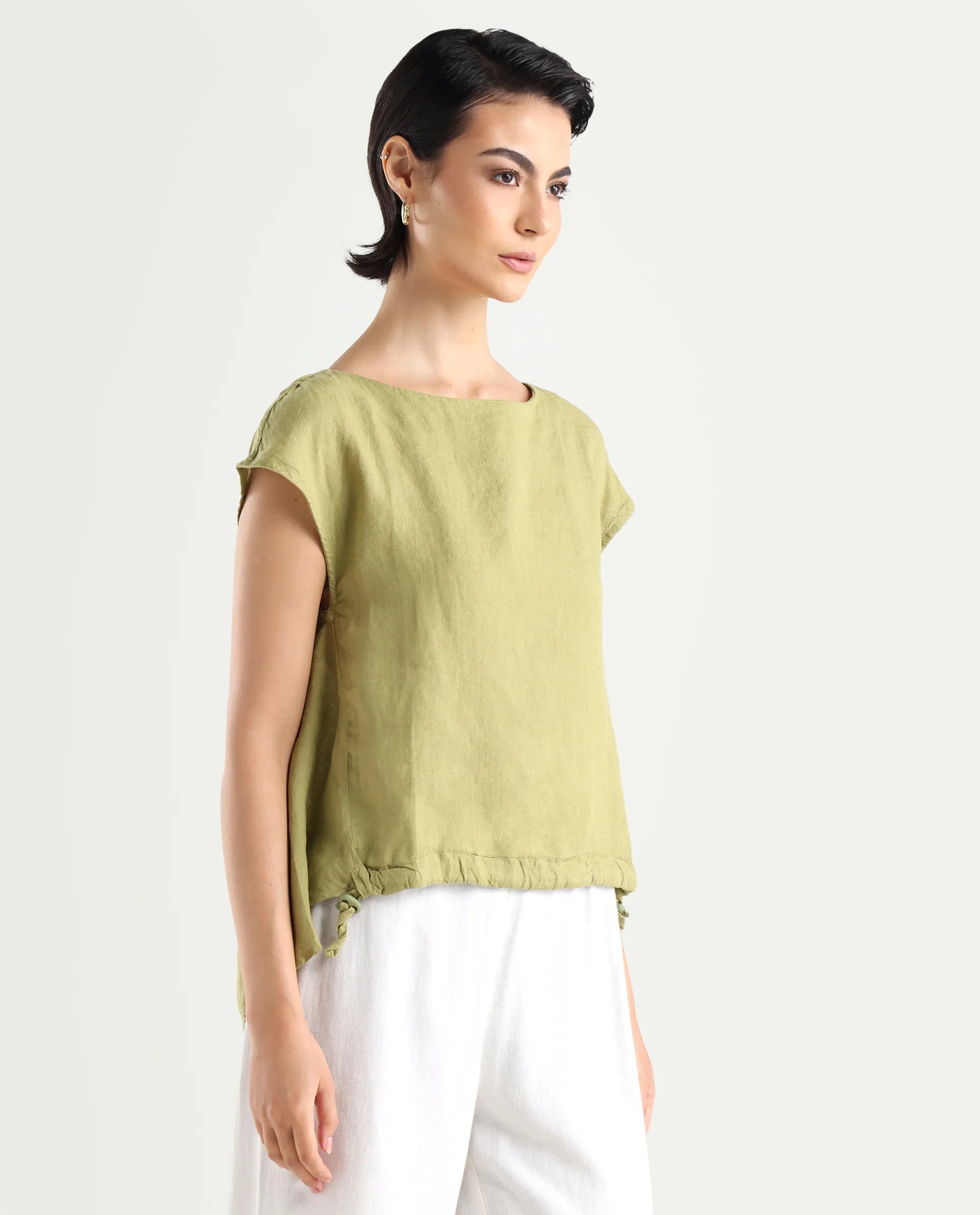 Rareism Women's Vita Green Linen Boat Neck Plain Extended Sleeves Regular Fit Top