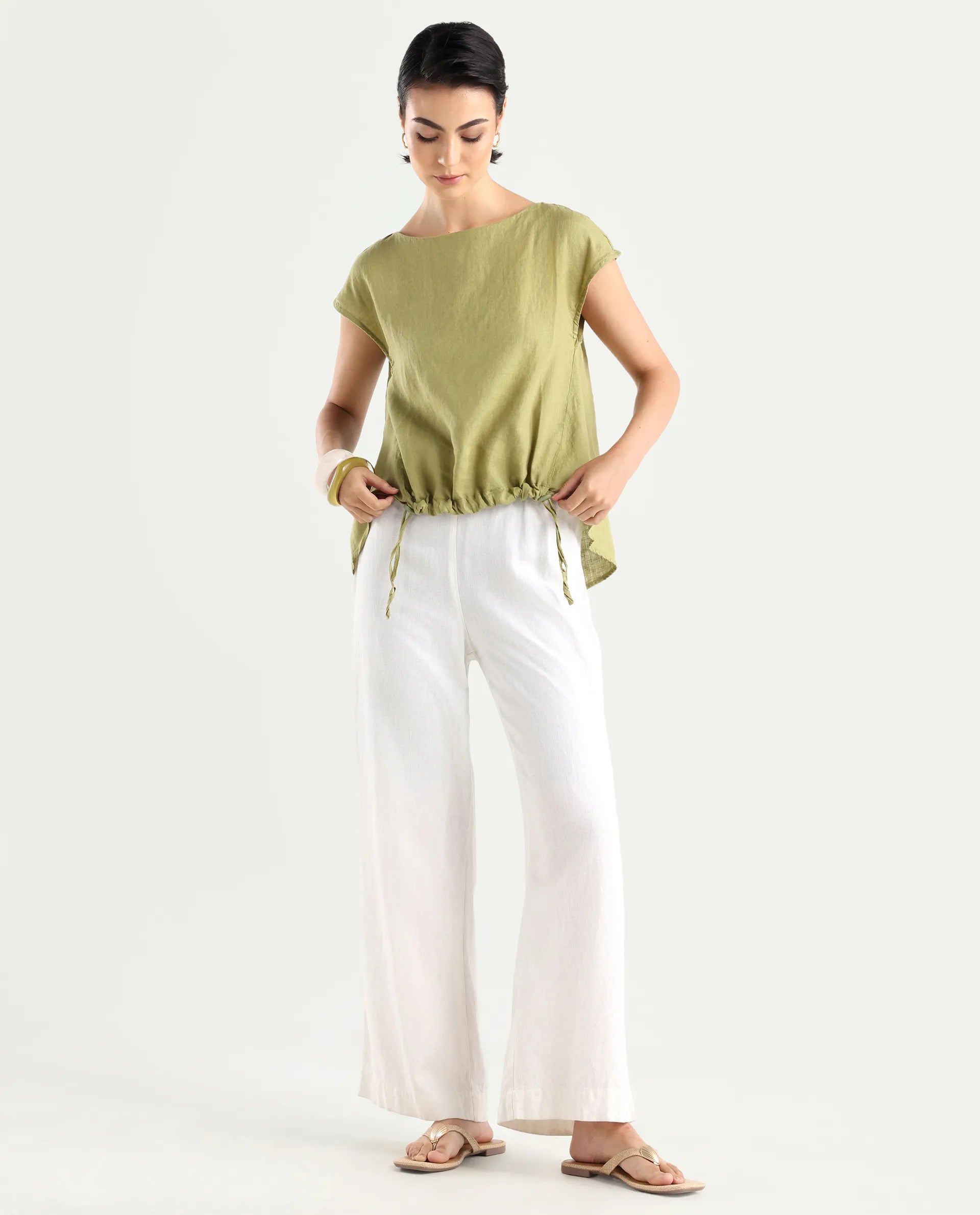 Rareism Women's Vita Green Linen Boat Neck Plain Extended Sleeves Regular Fit Top