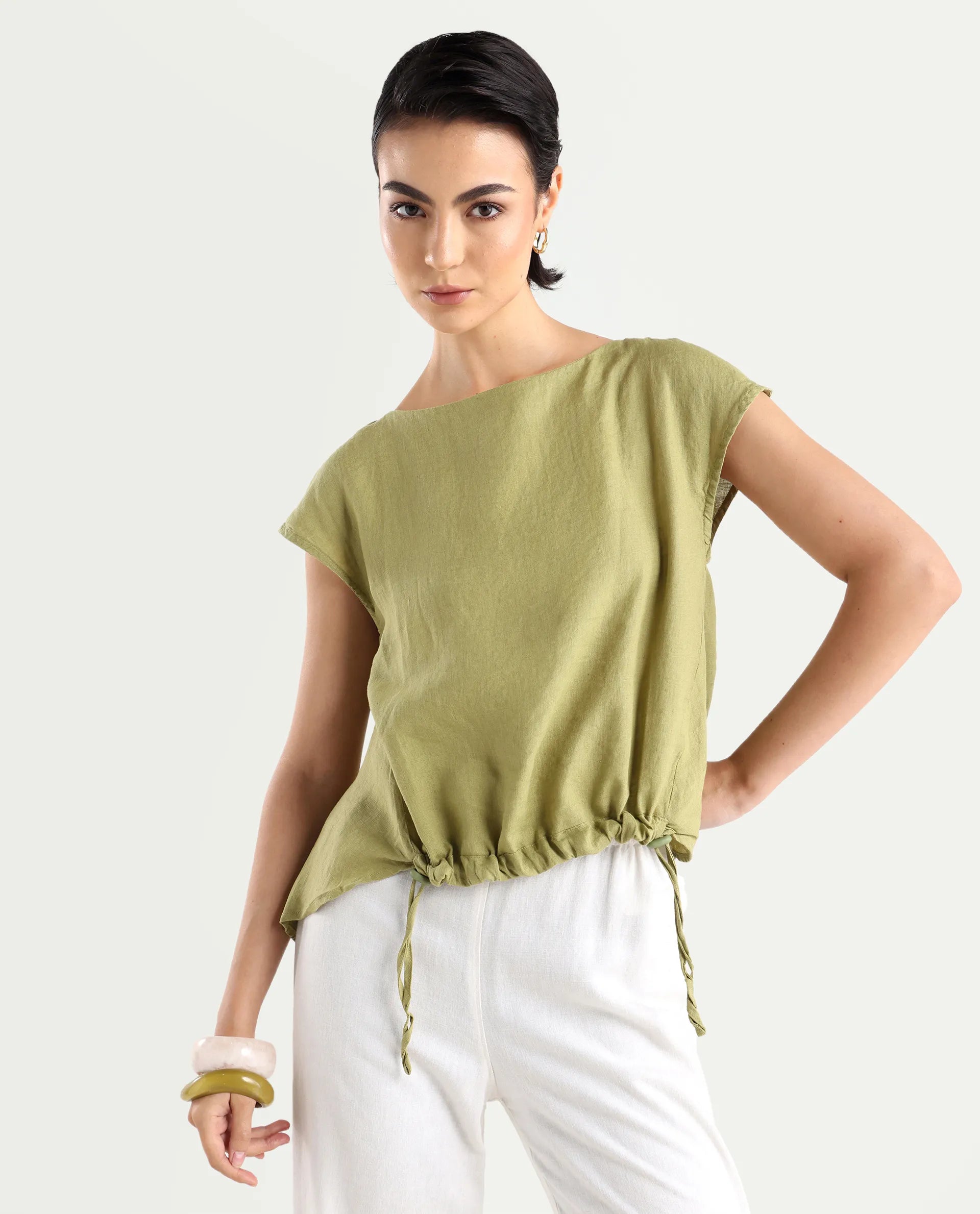 Rareism Women's Vita Green Linen Boat Neck Plain Extended Sleeves Regular Fit Top