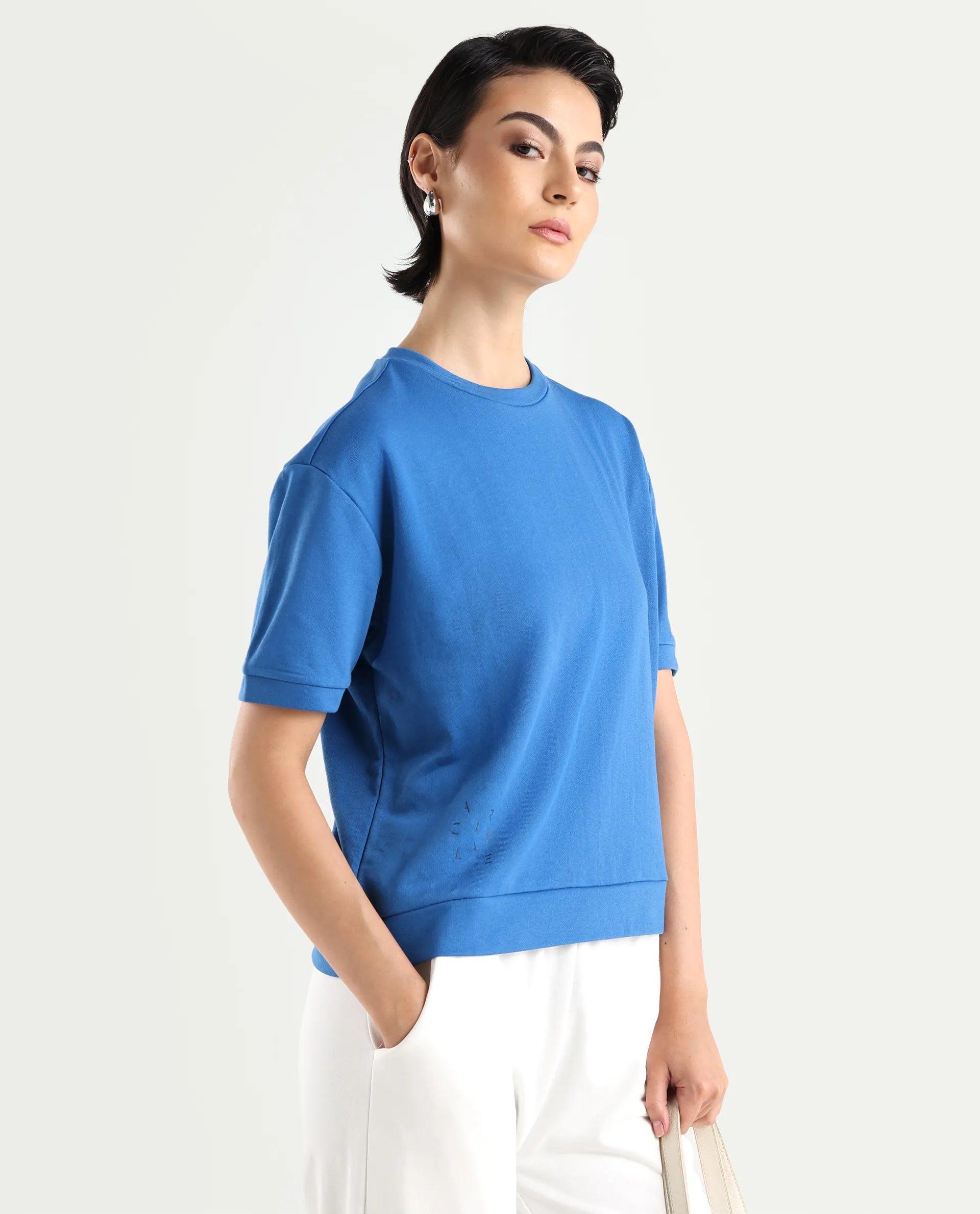 Rareism Women's Medium Weight Terry 290 Gsm Cotton Crew Neck Plain Relaxed Fit Sweat Tee