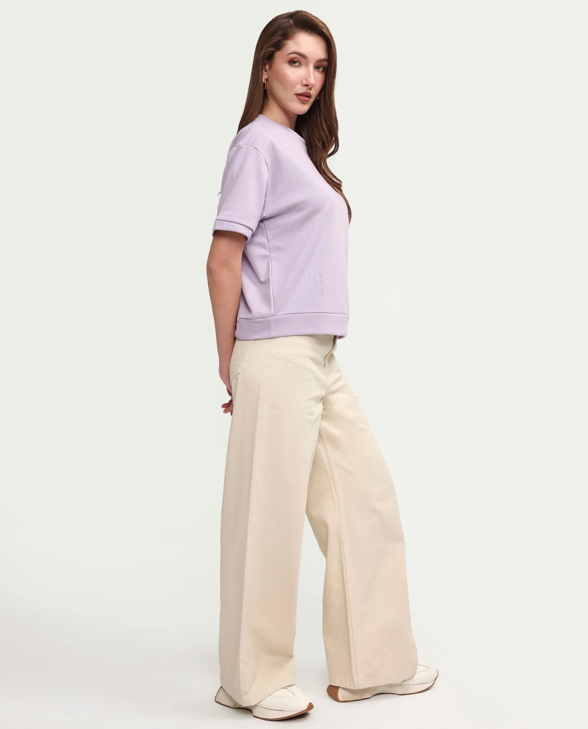 Rareism Women's Medium Weight Terry 290 Gsm Cotton Crew Neck Plain Relaxed Fit Sweat Tee
