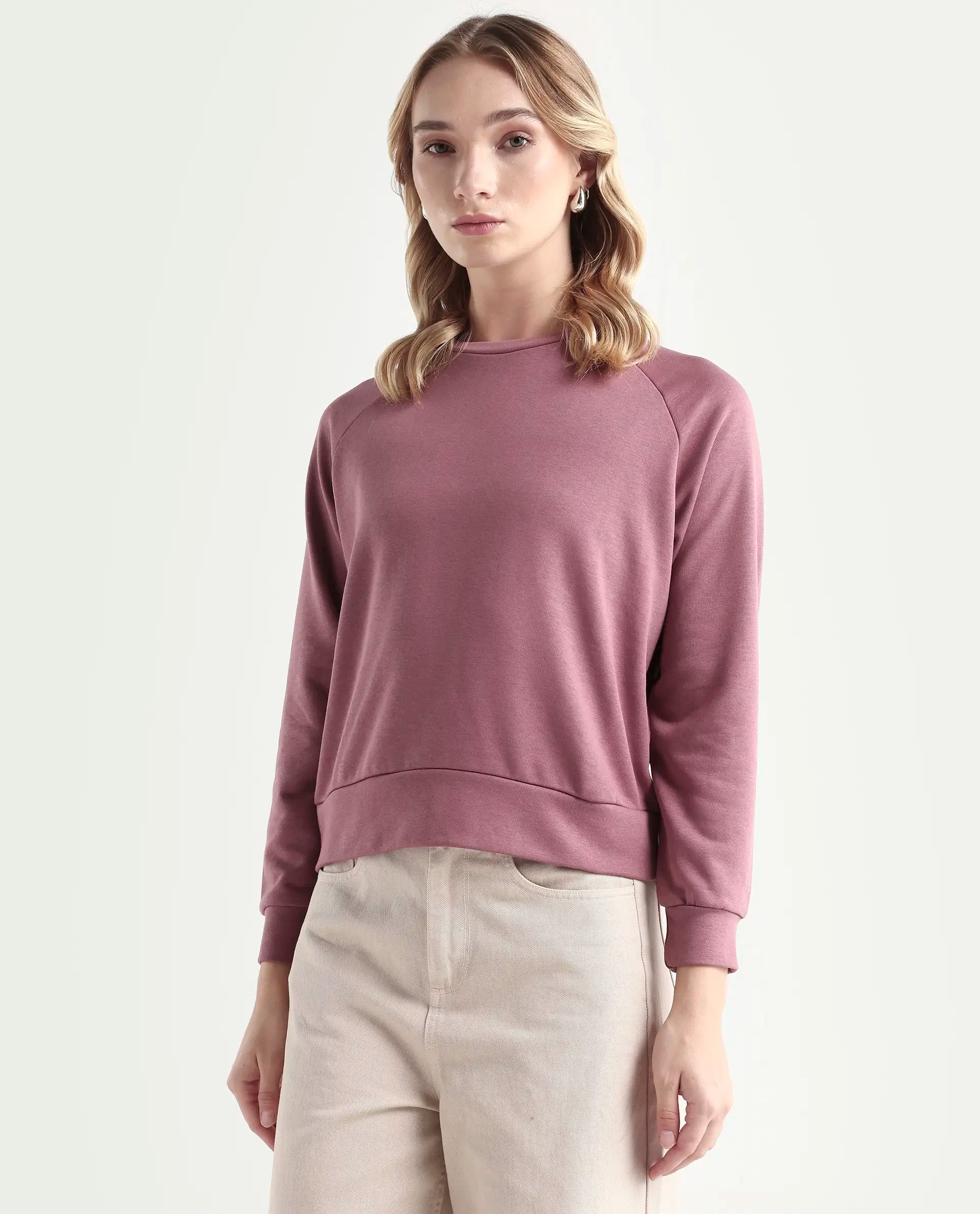 Rareism Women's Medium Weight Terry 290 Gsm Cotton Blend Crew Neck Plain Cuffed Sleeve Relaxed Fit Sweatshirt