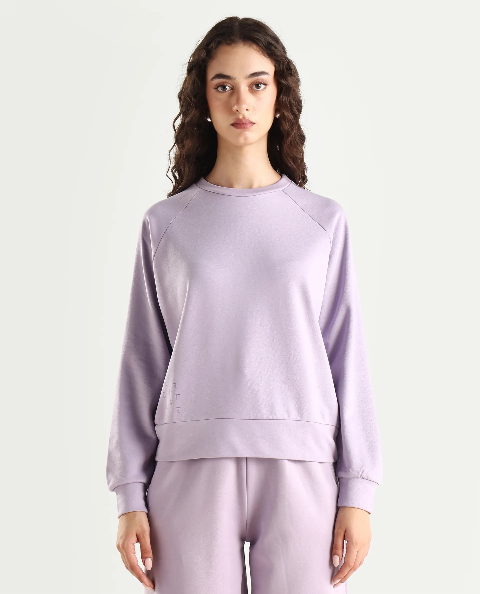 Rareism Women's Medium Weight Terry 290 Gsm Cotton Blend Crew Neck Plain Cuffed Sleeve Relaxed Fit Sweatshirt